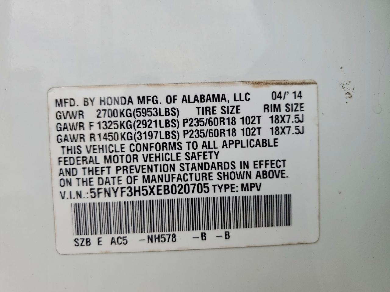 2014 Honda Pilot Exl White vin: 5FNYF3H5XEB020705