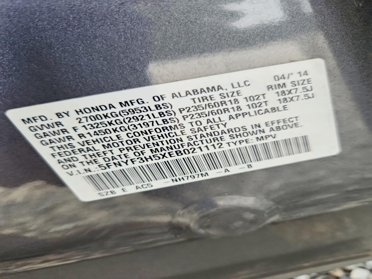 2014 Honda Pilot Exl Серый vin: 5FNYF3H5XEB021112