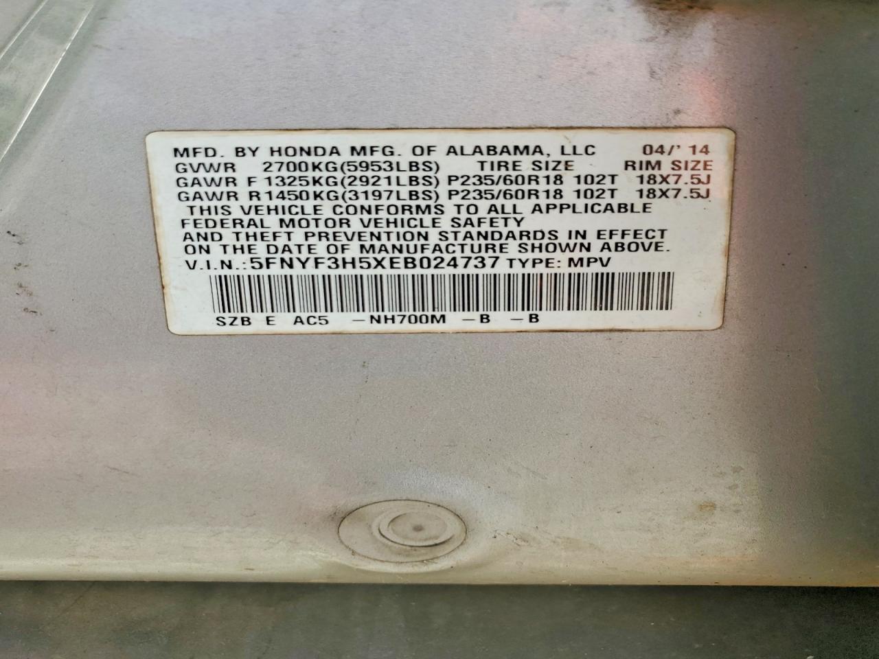 2014 Honda Pilot Exl Серебряный vin: 5FNYF3H5XEB024737
