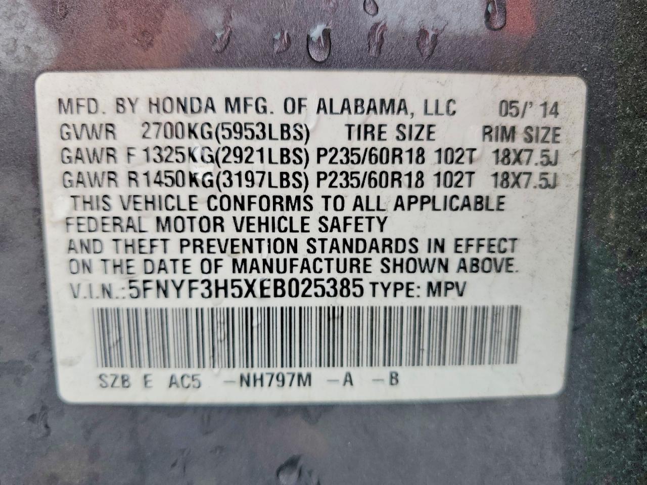 2014 Honda Pilot Exl Gray vin: 5FNYF3H5XEB025385