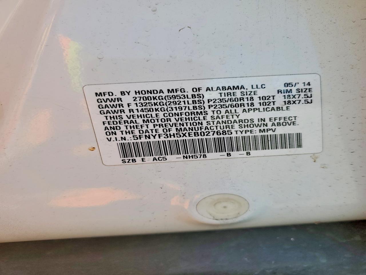 2014 Honda Pilot Exl White vin: 5FNYF3H5XEB027685