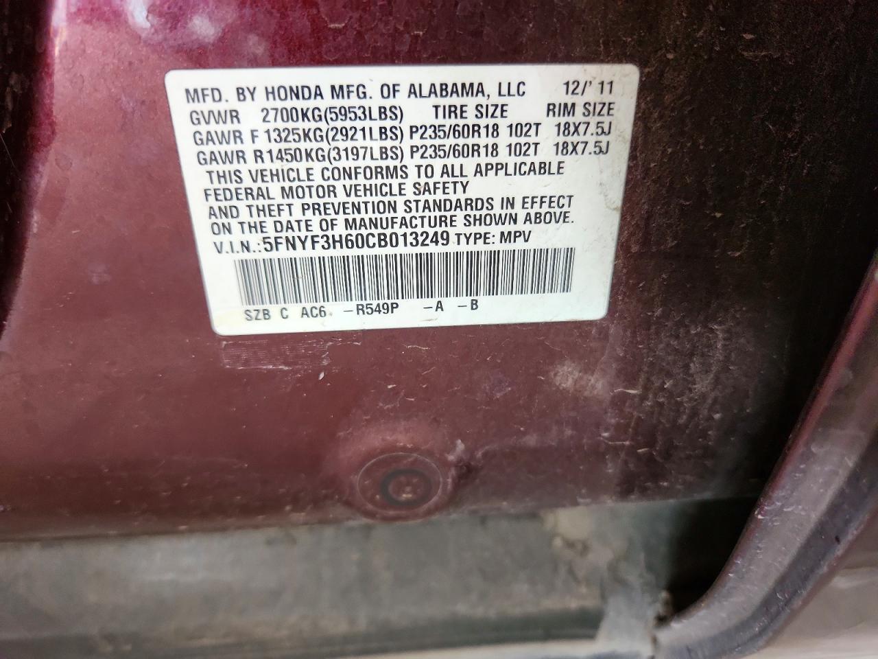 2012 Honda Pilot Exl Burgundy vin: 5FNYF3H60CB013249