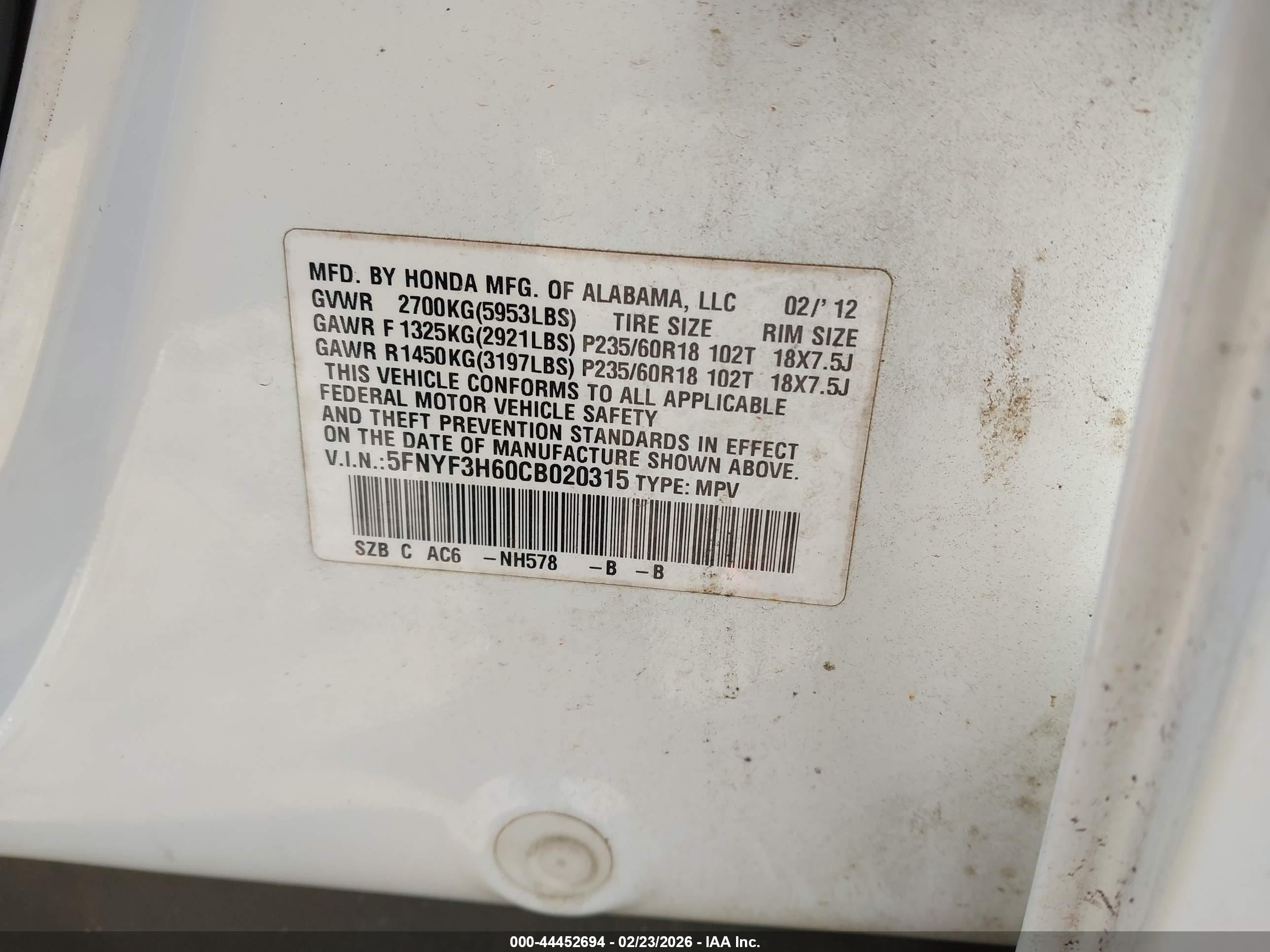 2012 Honda Pilot Ex-l White vin: 5FNYF3H60CB020315