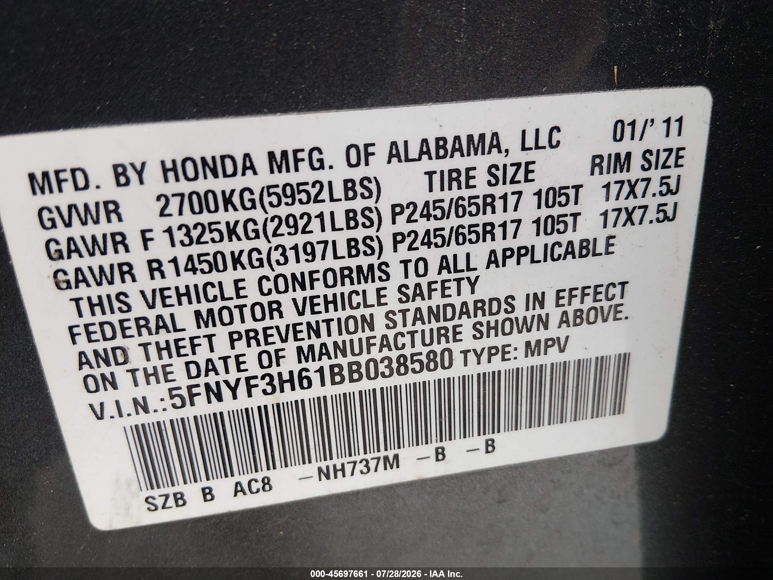 2011 Honda Pilot Ex-l Gray vin: 5FNYF3H61BB038580