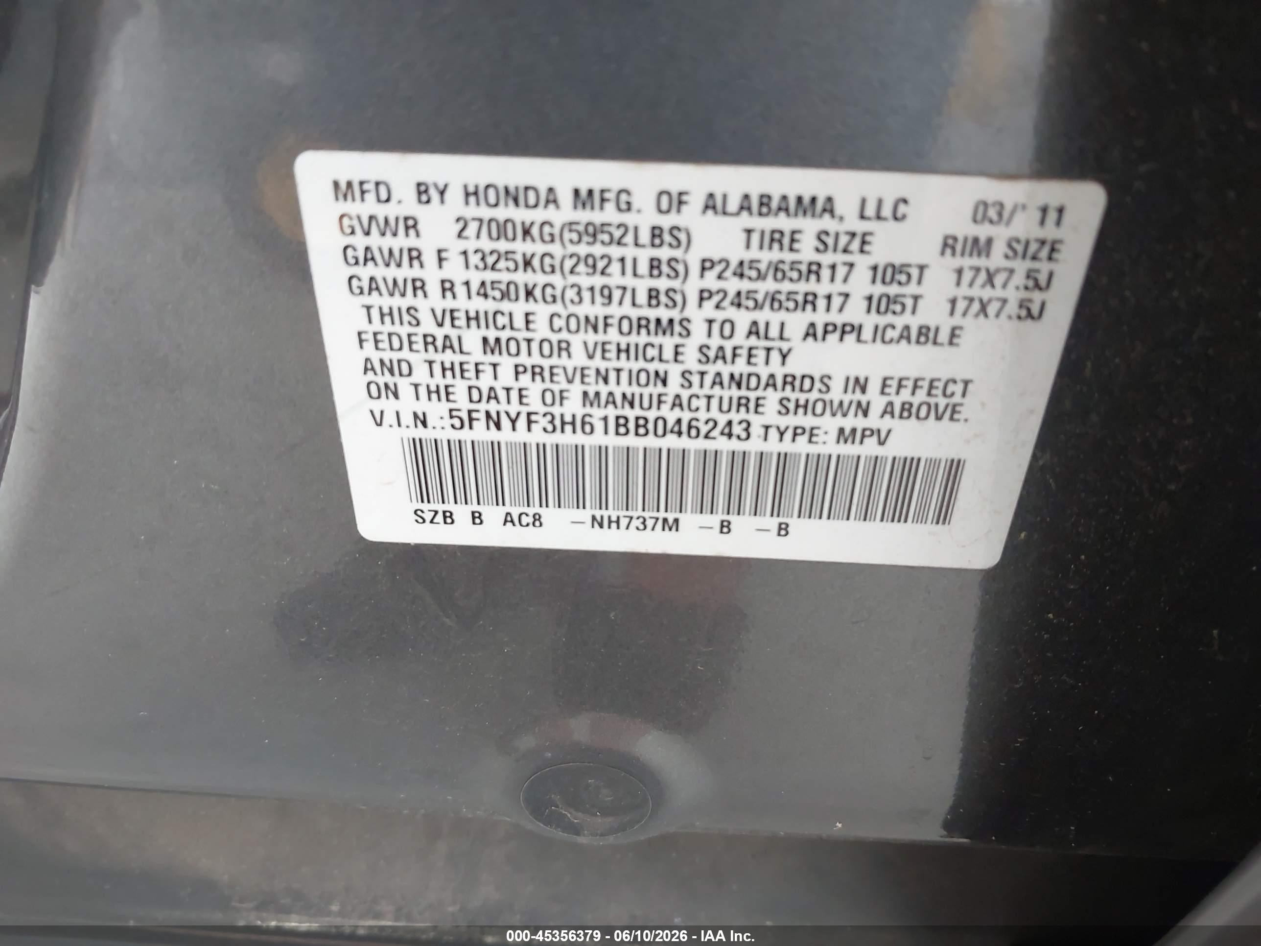 2011 Honda Pilot Ex-l Gray vin: 5FNYF3H61BB046243