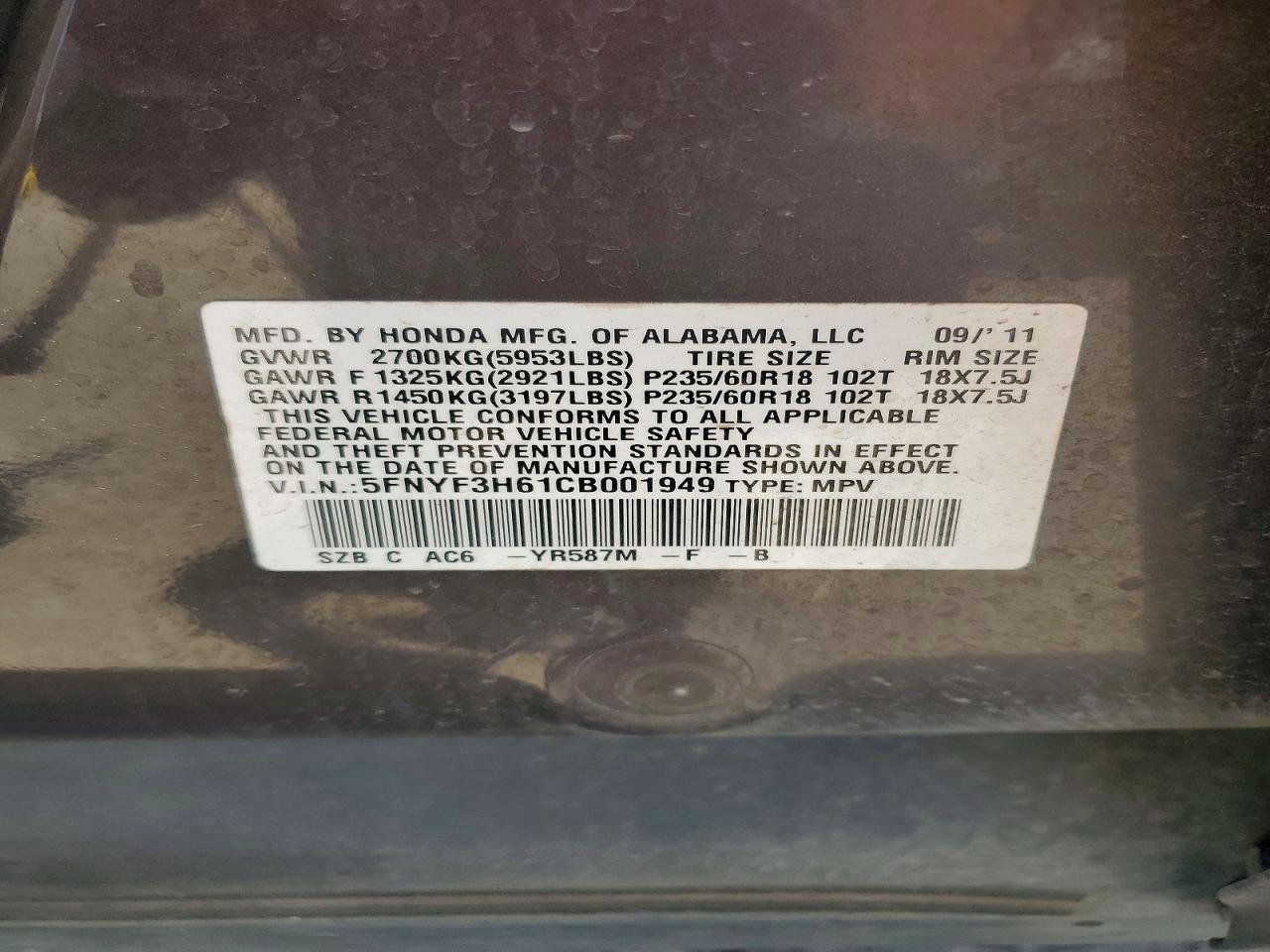 2012 Honda Pilot Exl Charcoal vin: 5FNYF3H61CB001949