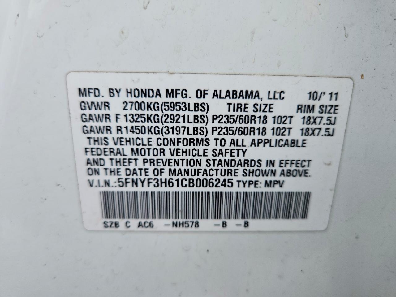 2012 Honda Pilot Exl White vin: 5FNYF3H61CB006245