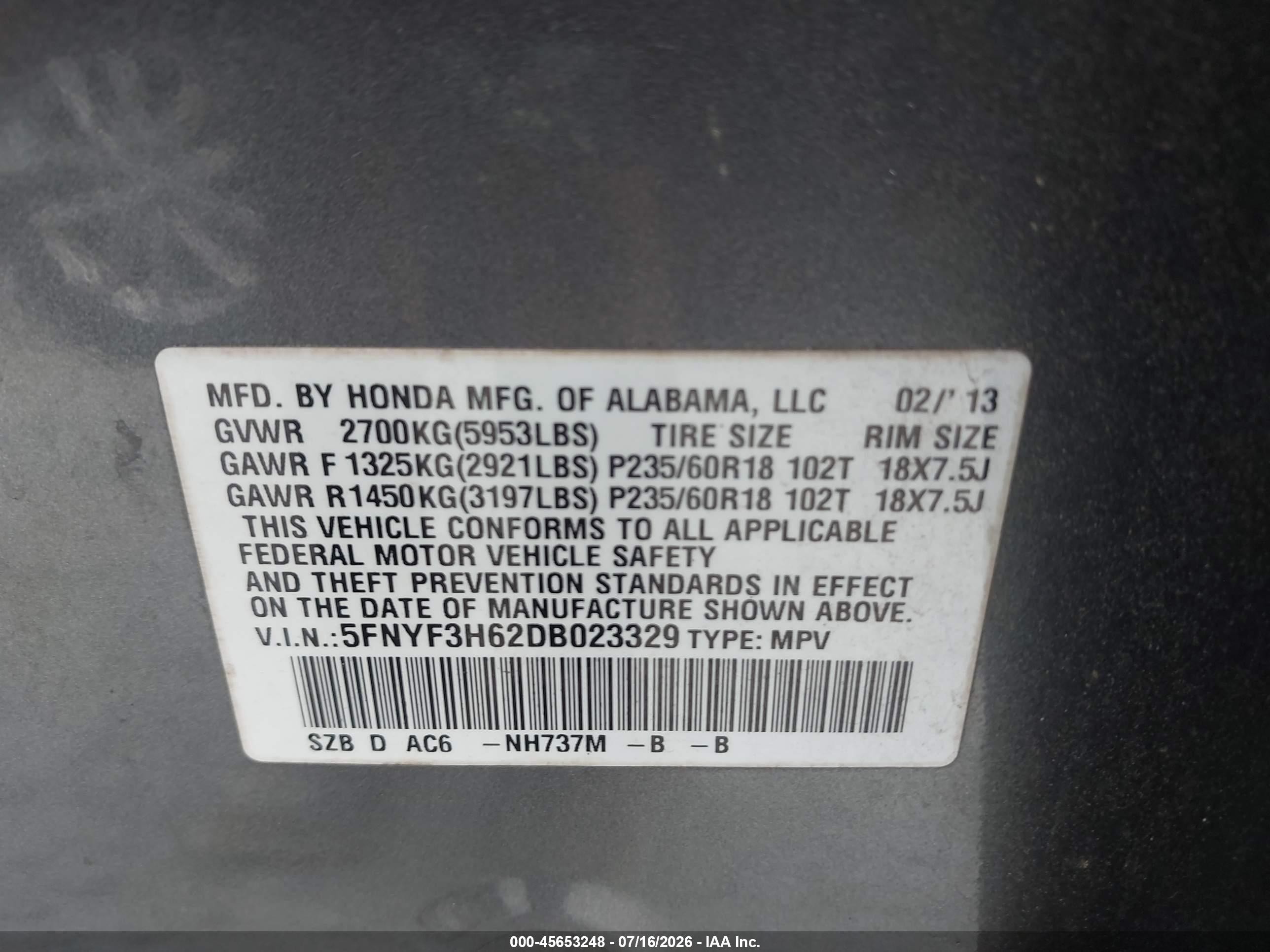 2013 Honda Pilot Ex-l Gray vin: 5FNYF3H62DB023329