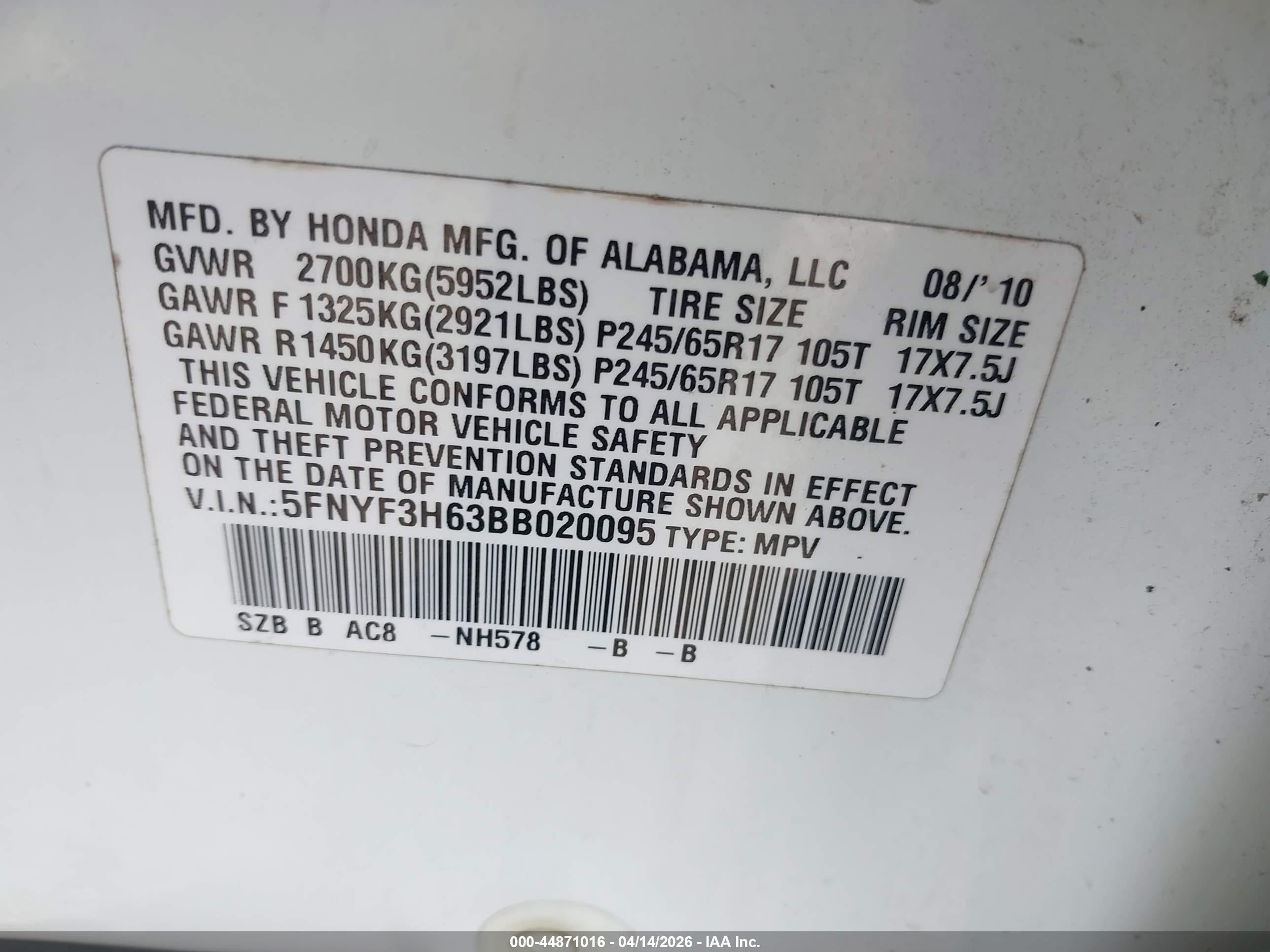 2011 Honda Pilot Ex-l White vin: 5FNYF3H63BB020095