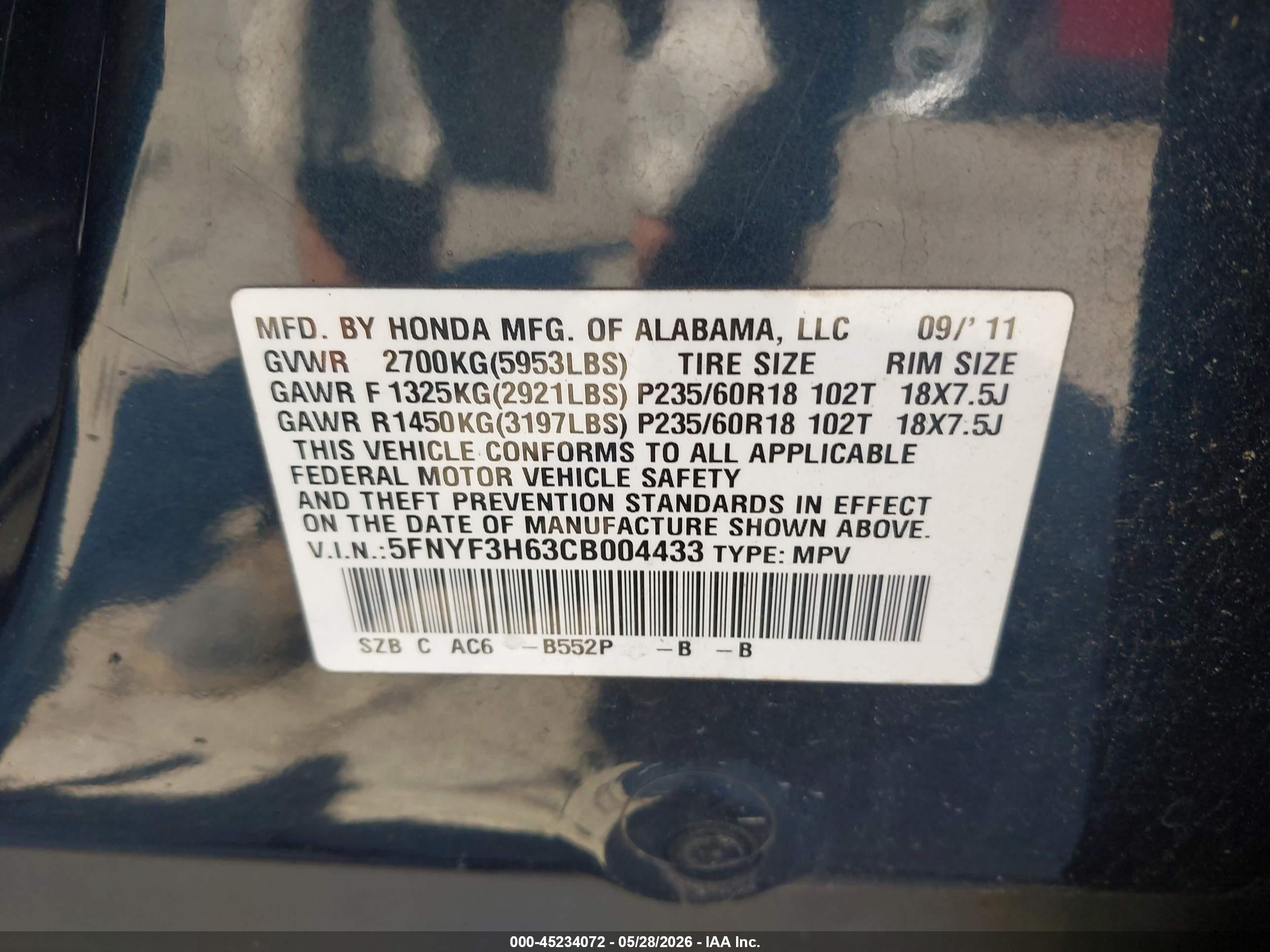 2012 Honda Pilot Ex-l Blue vin: 5FNYF3H63CB004433