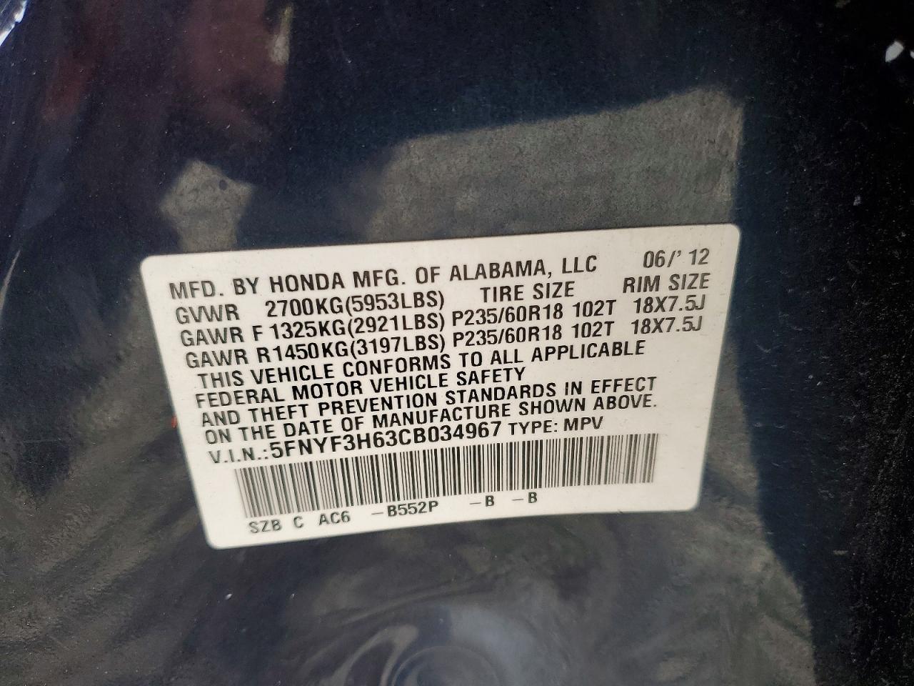 2012 Honda Pilot Exl Blue vin: 5FNYF3H63CB034967