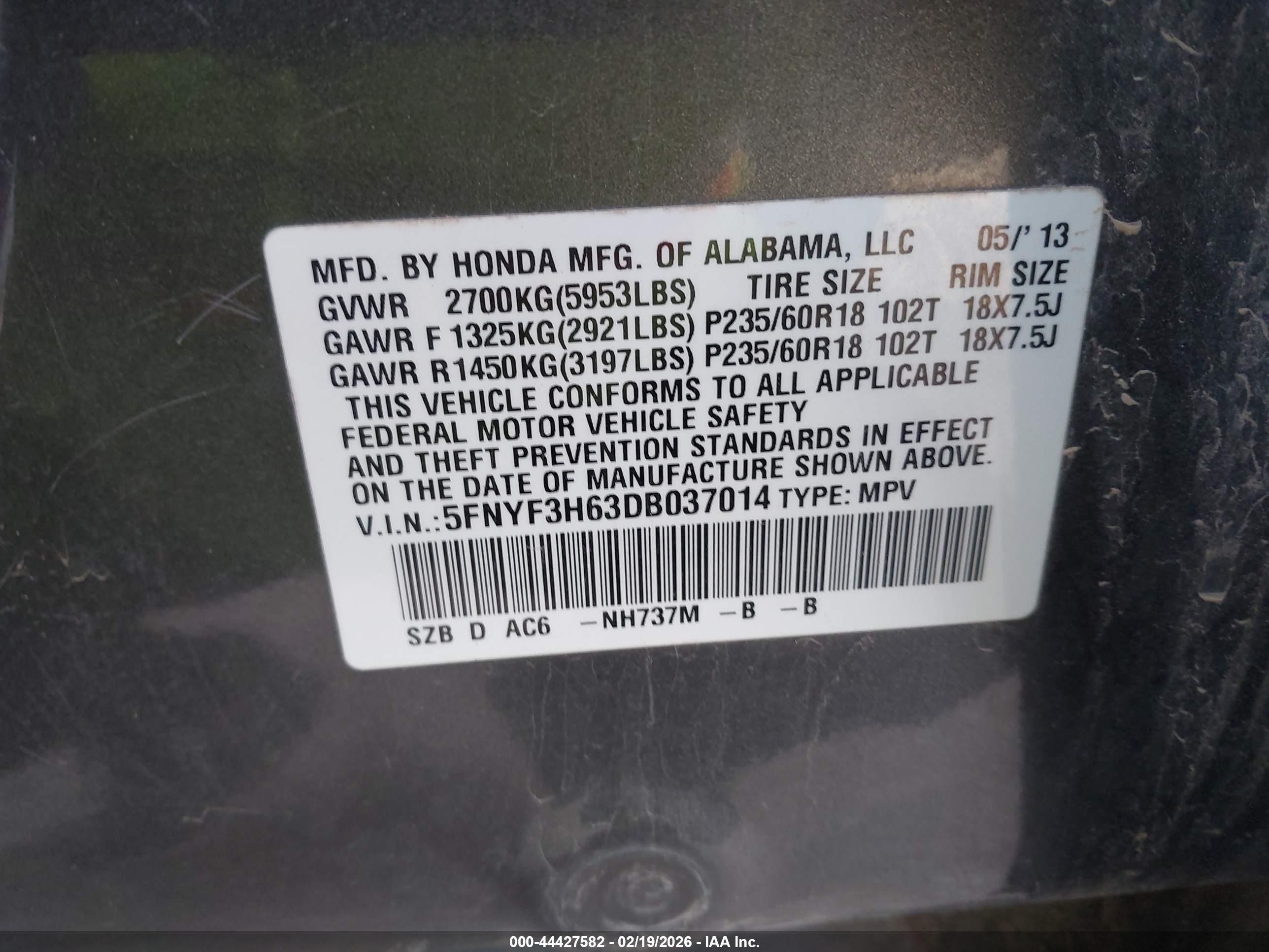 2013 Honda Pilot Ex-l Gray vin: 5FNYF3H63DB037014