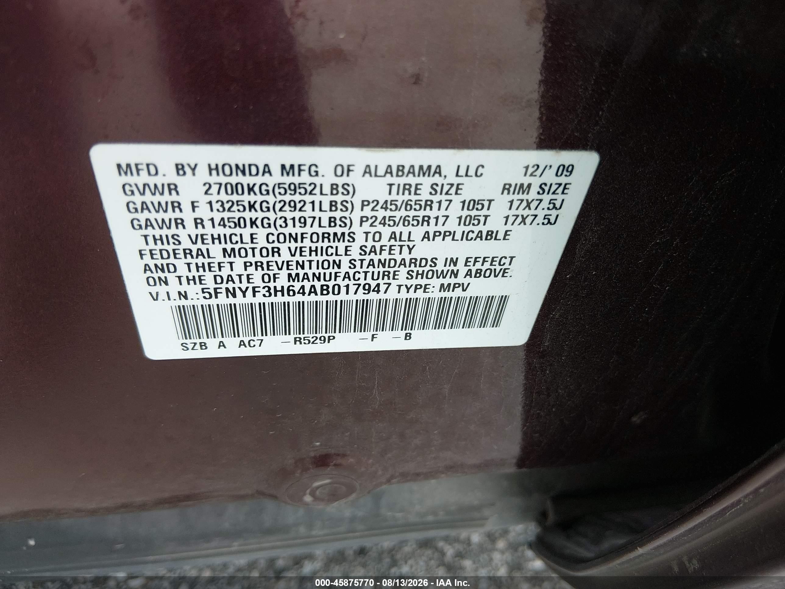 2010 Honda Pilot Ex-l Maroon vin: 5FNYF3H64AB017947