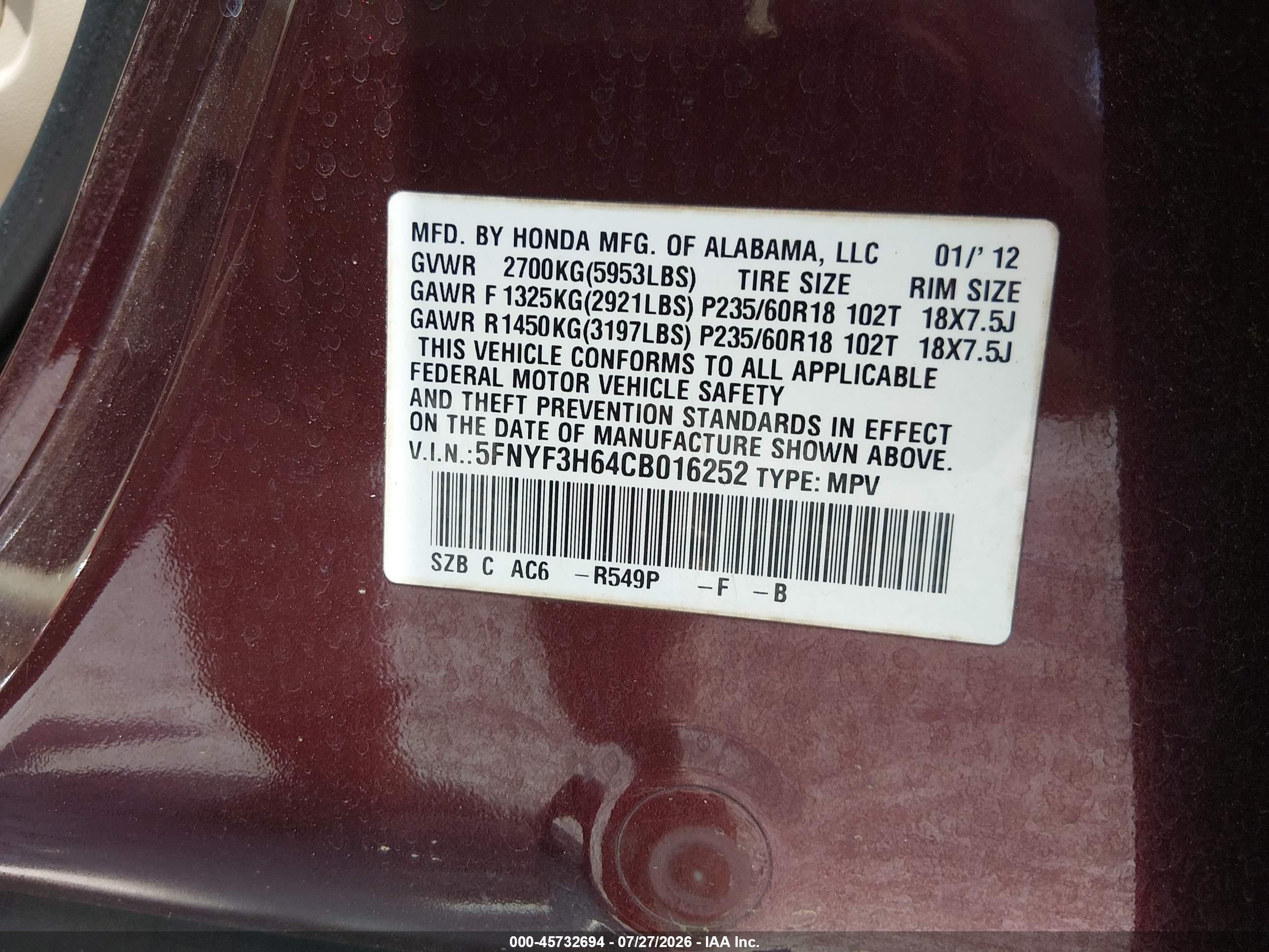 2012 Honda Pilot Ex-l Burgundy vin: 5FNYF3H64CB016252