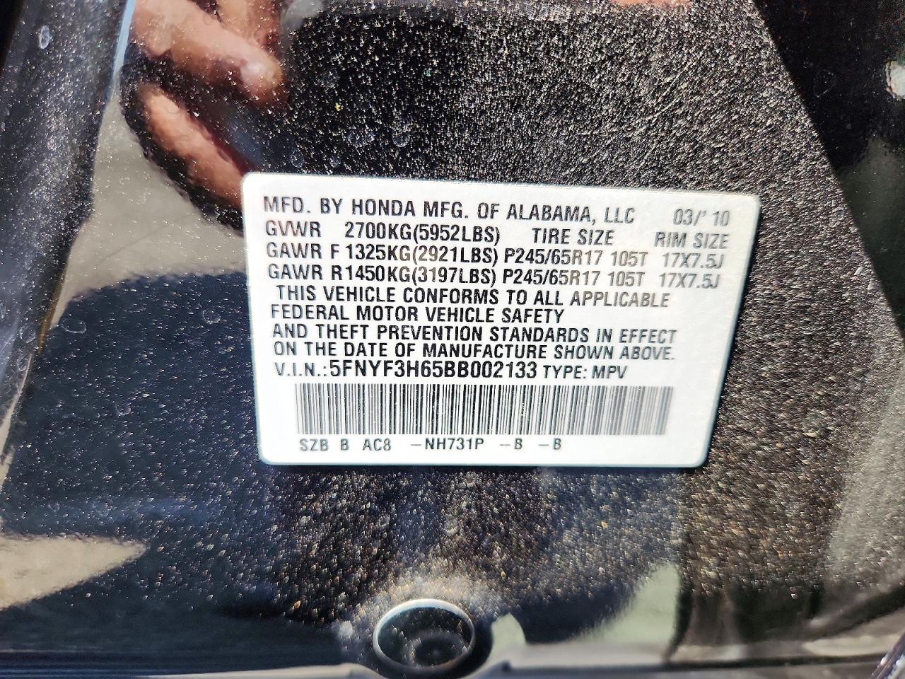 2011 Honda Pilot Exl Black vin: 5FNYF3H65BB002133