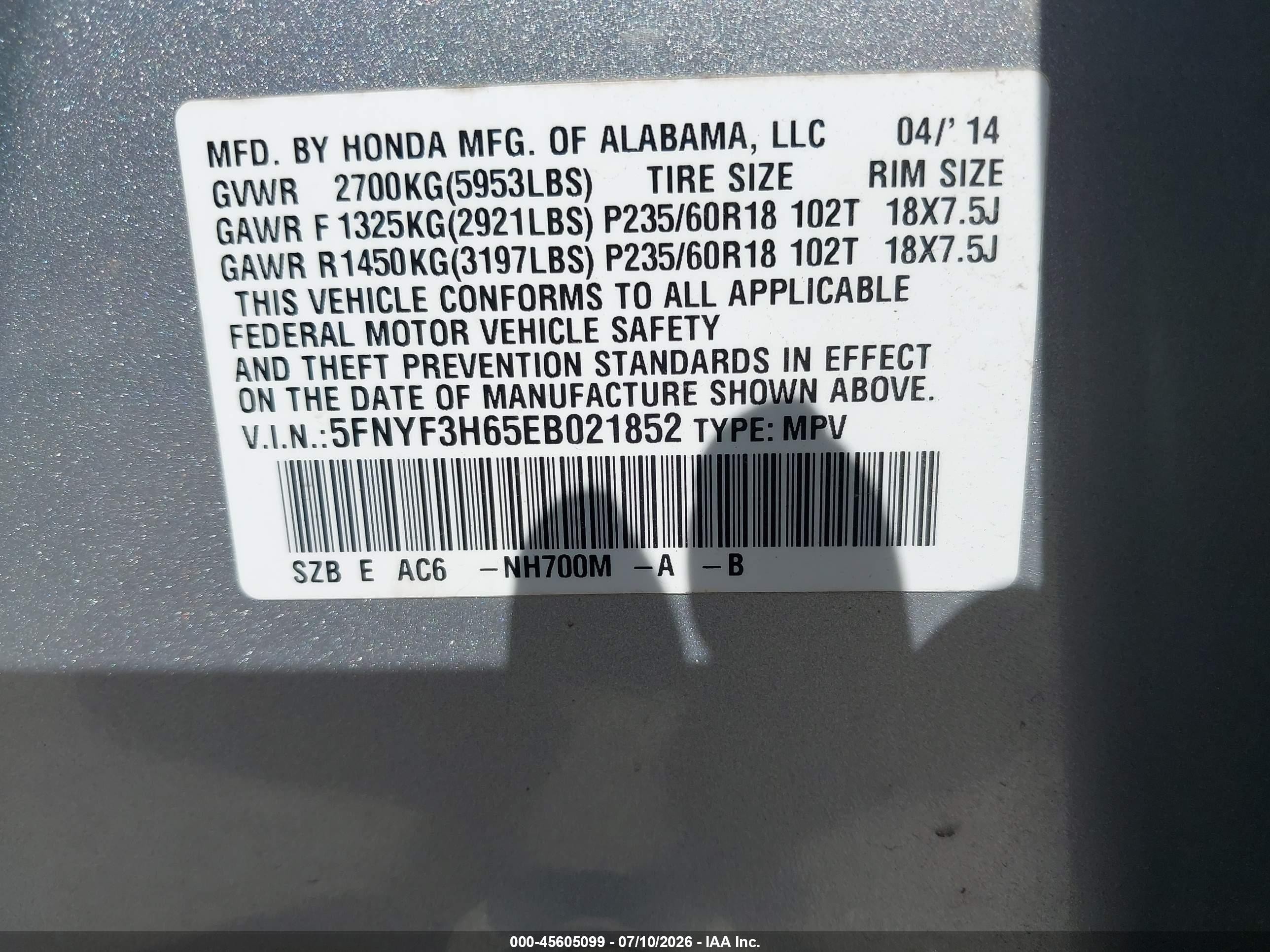 2014 Honda Pilot Ex-l Silver vin: 5FNYF3H65EB021852