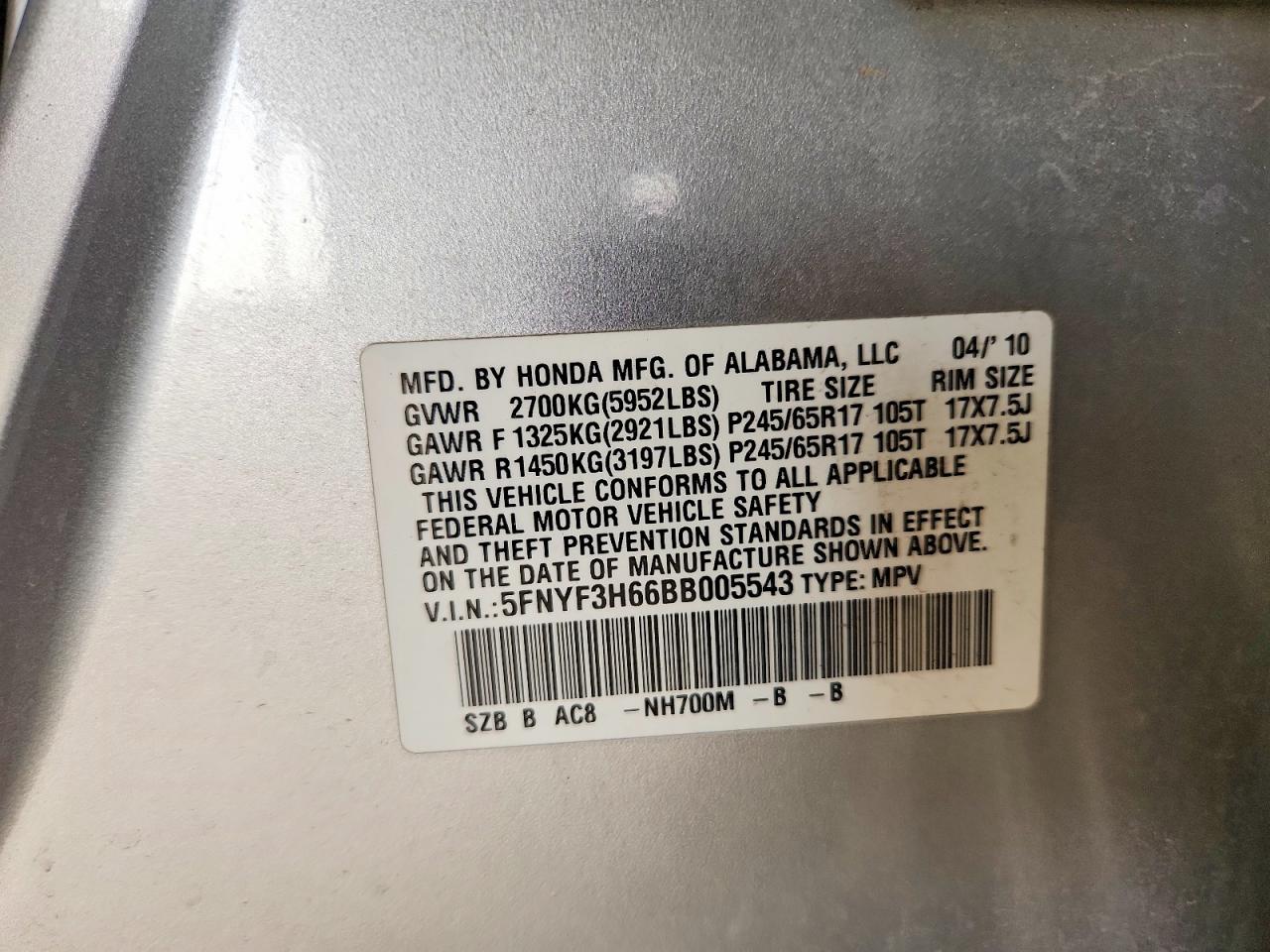 2011 Honda Pilot Exl Silver vin: 5FNYF3H66BB005543