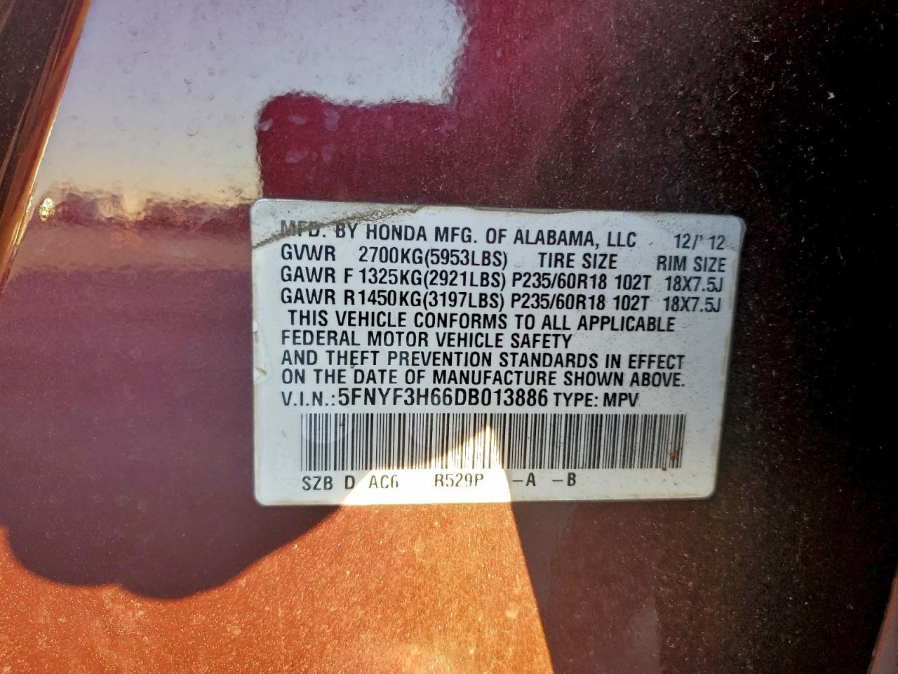 2013 Honda Pilot Exl Red vin: 5FNYF3H66DB013886