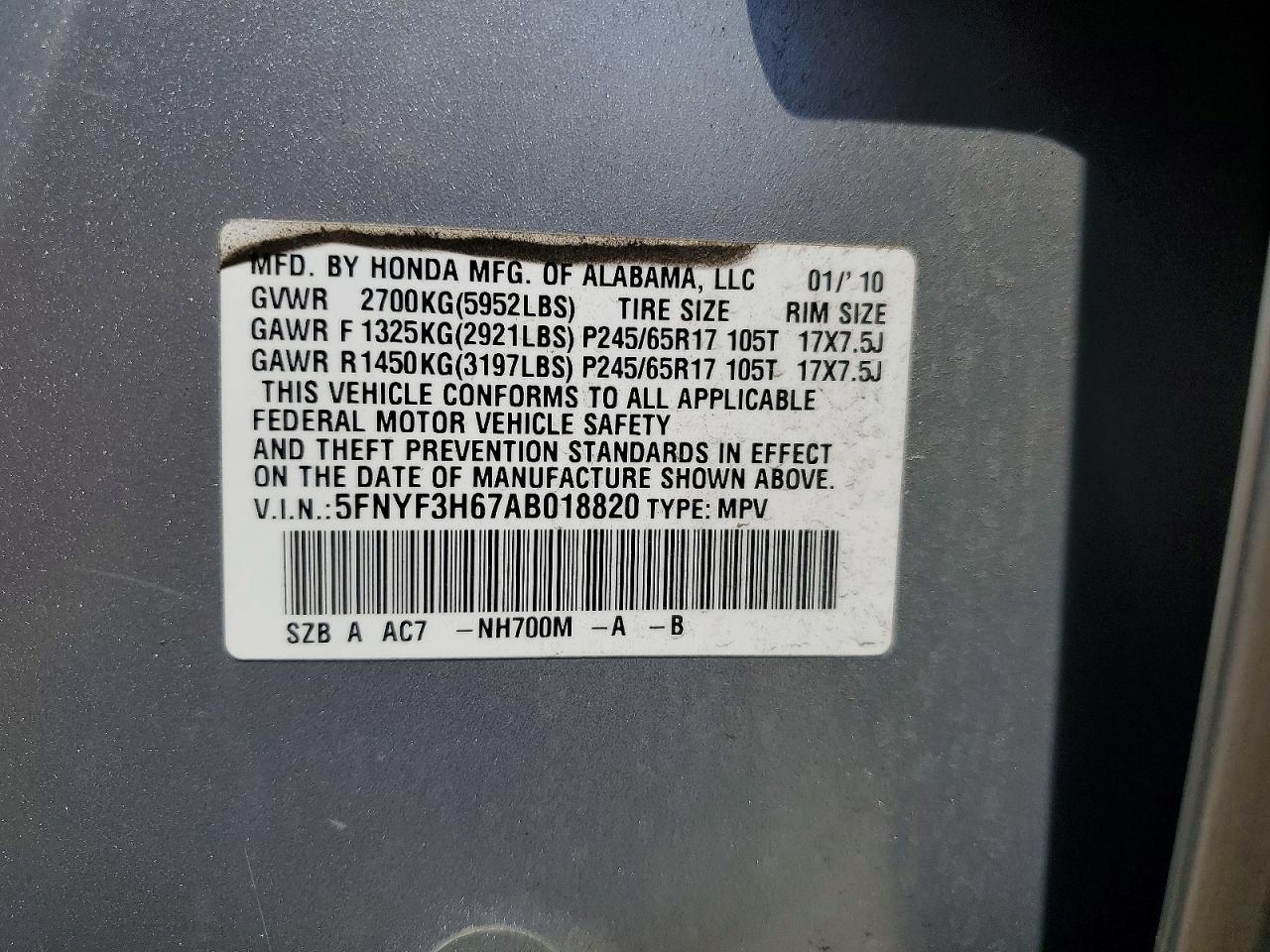 2010 Honda Pilot Exl Silver vin: 5FNYF3H67AB018820