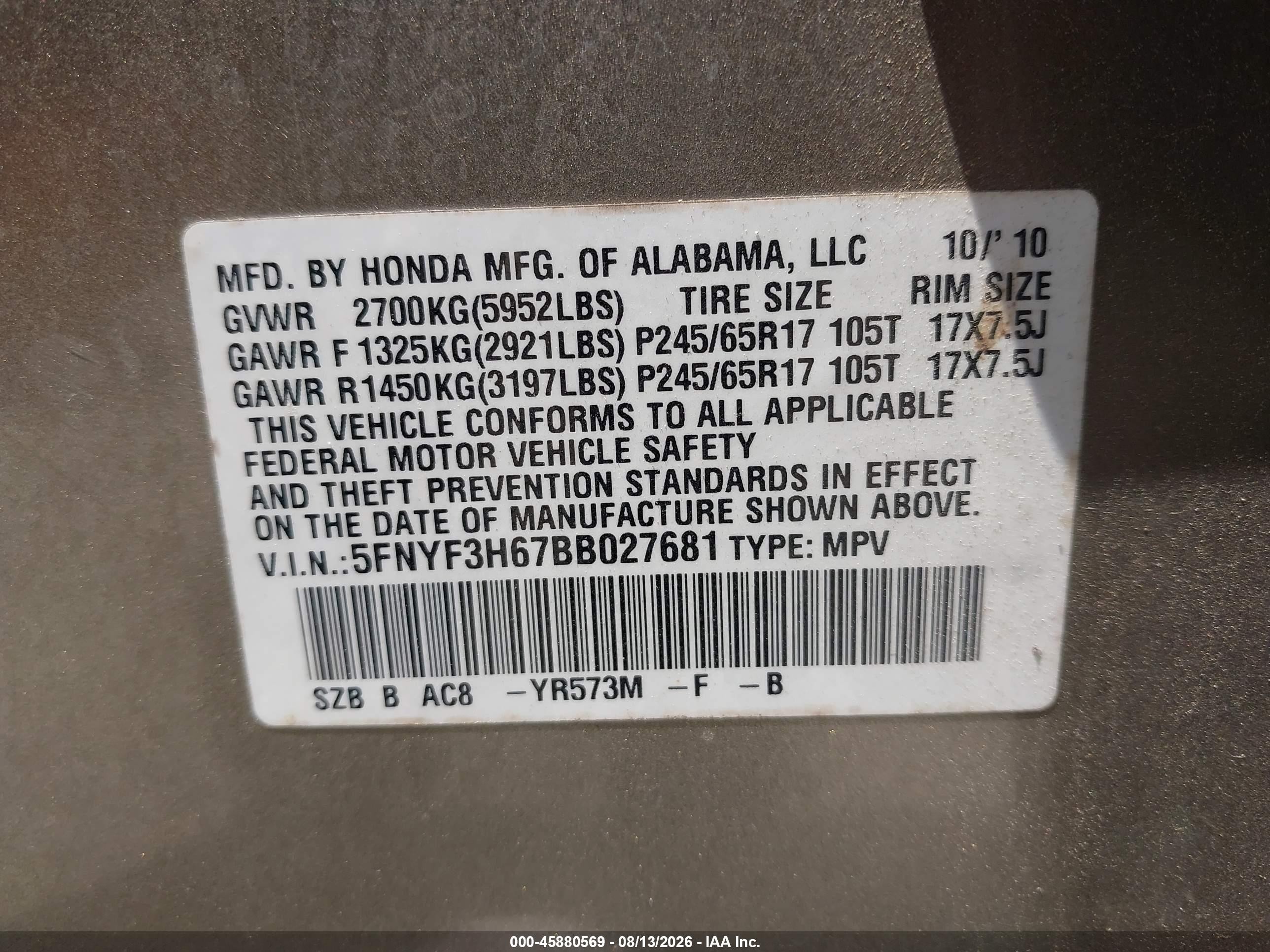 2011 Honda Pilot Ex-l Tan vin: 5FNYF3H67BB027681