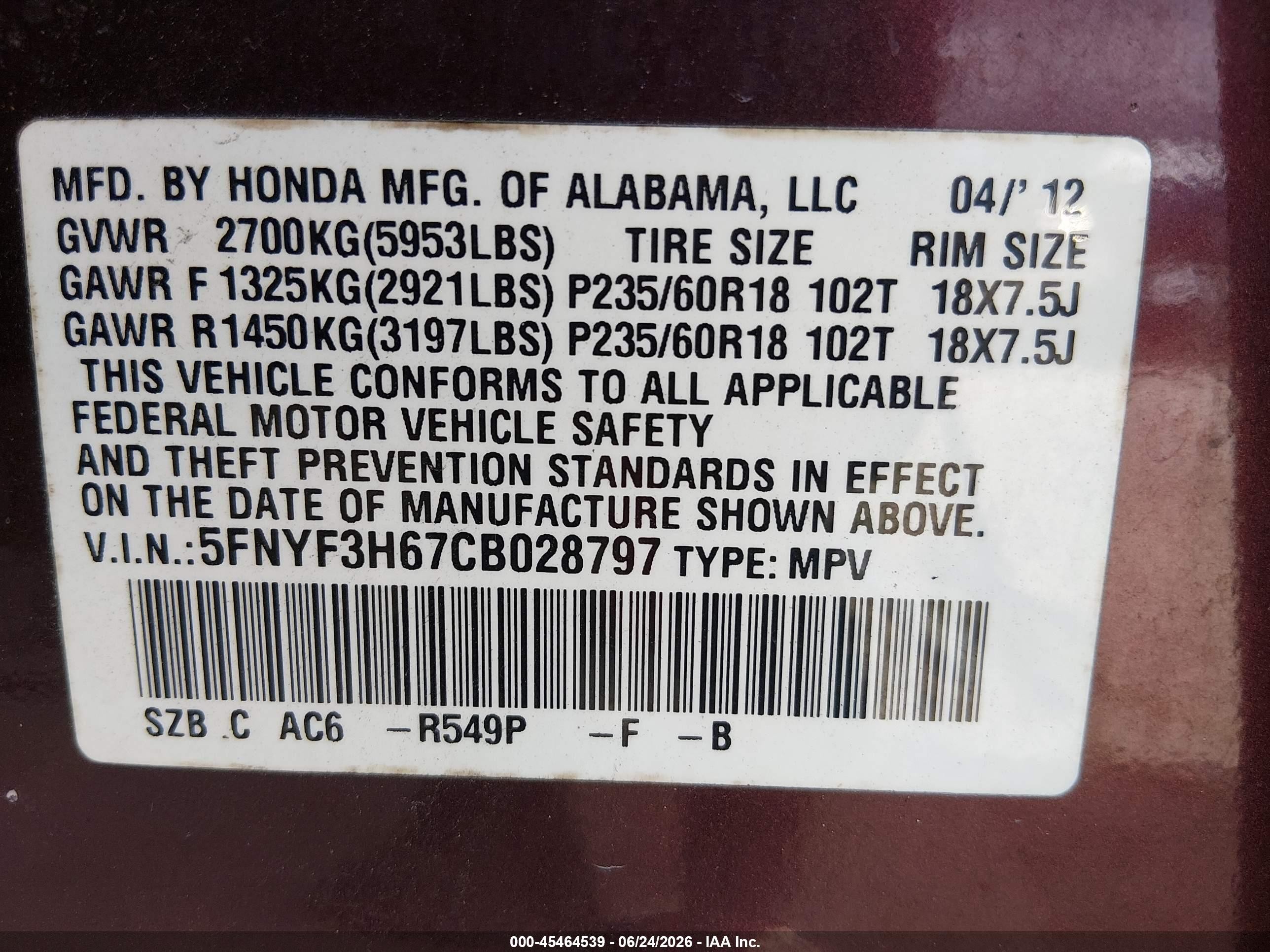 2012 Honda Pilot Ex-l Burgundy vin: 5FNYF3H67CB028797