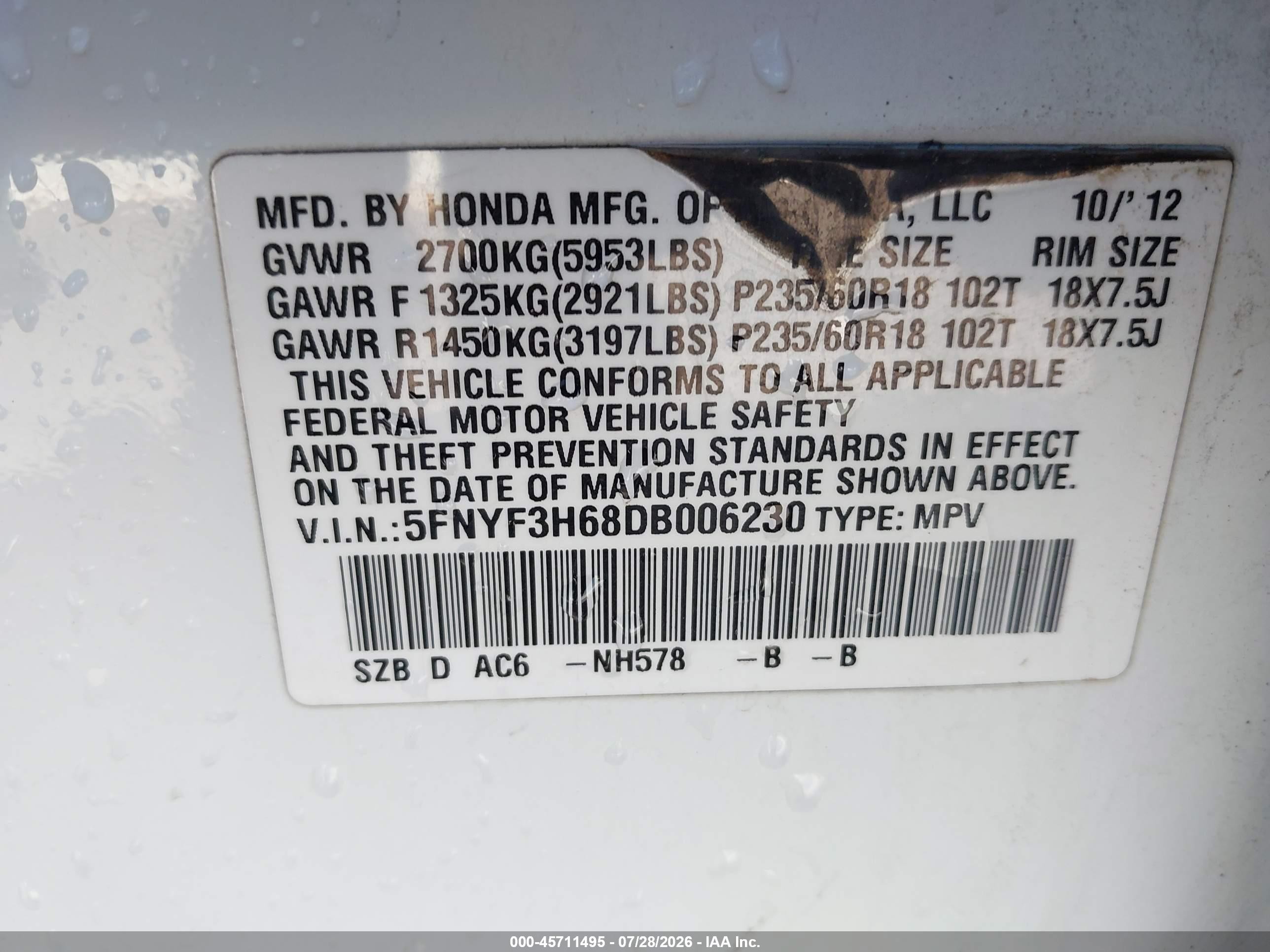 2013 Honda Pilot Ex-l White vin: 5FNYF3H68DB006230