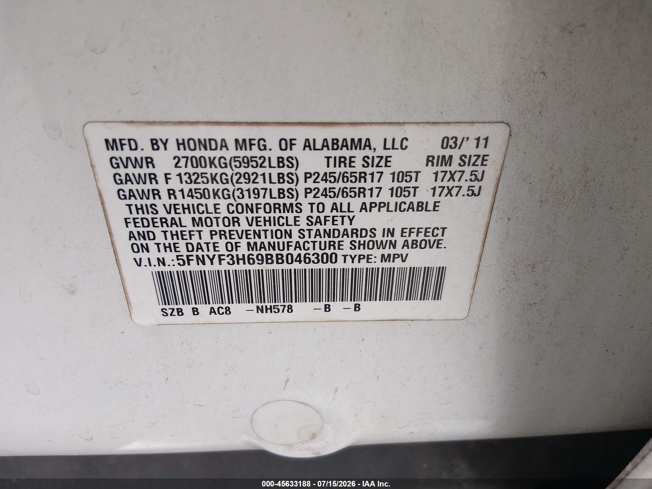 2011 Honda Pilot Ex-l White vin: 5FNYF3H69BB046300