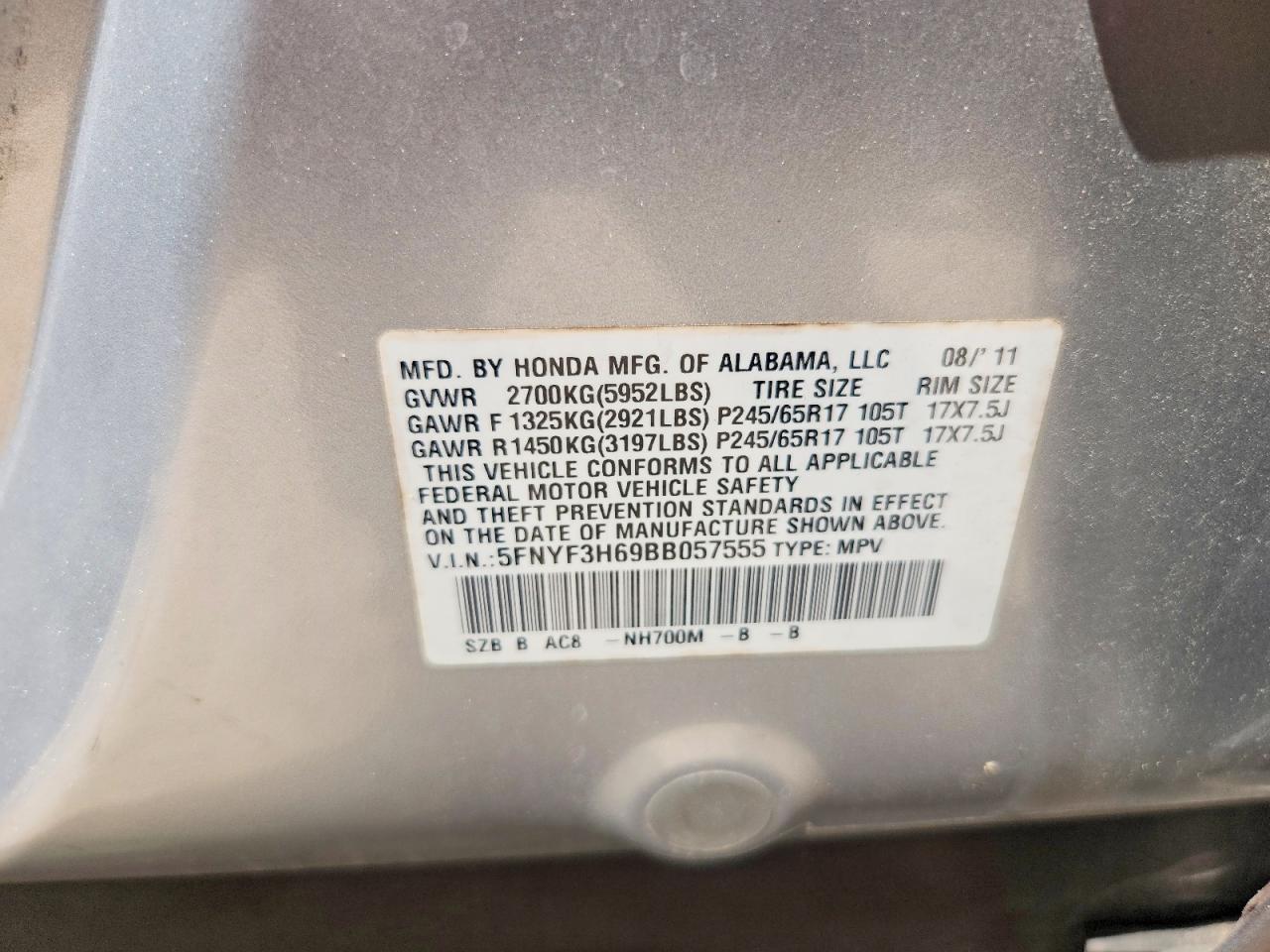2011 Honda Pilot Exl Silver vin: 5FNYF3H69BB057555