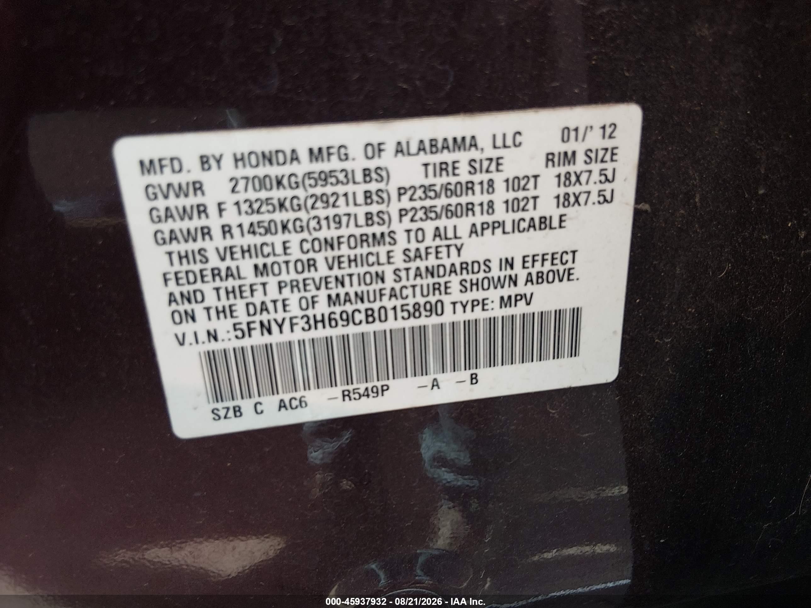 2012 Honda Pilot Ex-l Burgundy vin: 5FNYF3H69CB015890
