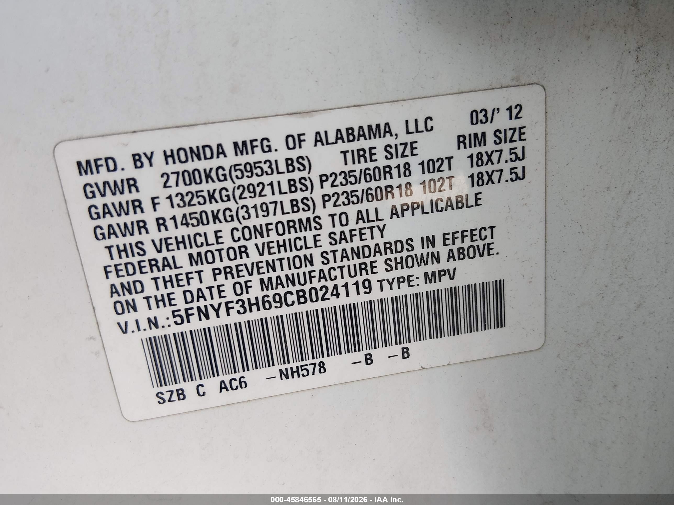 2012 Honda Pilot Ex-l White vin: 5FNYF3H69CB024119