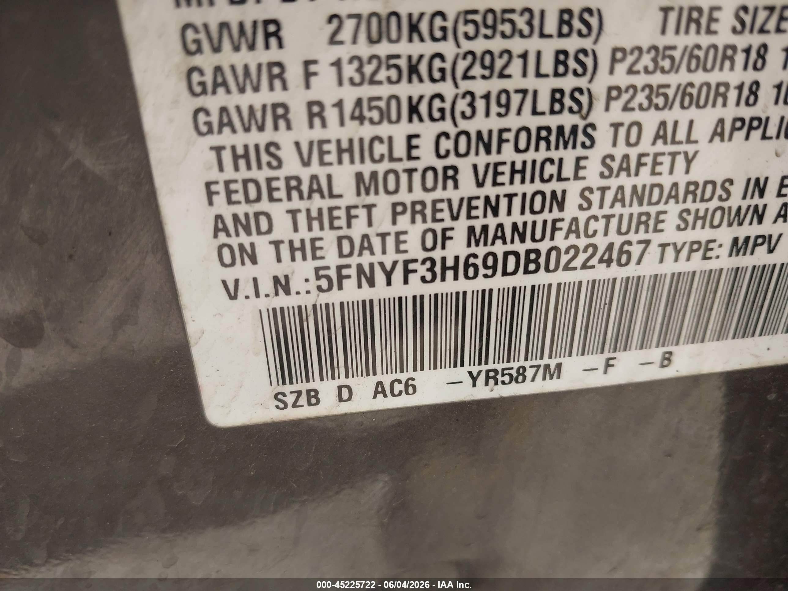 2013 Honda Pilot Ex-l Gray vin: 5FNYF3H69DB022467