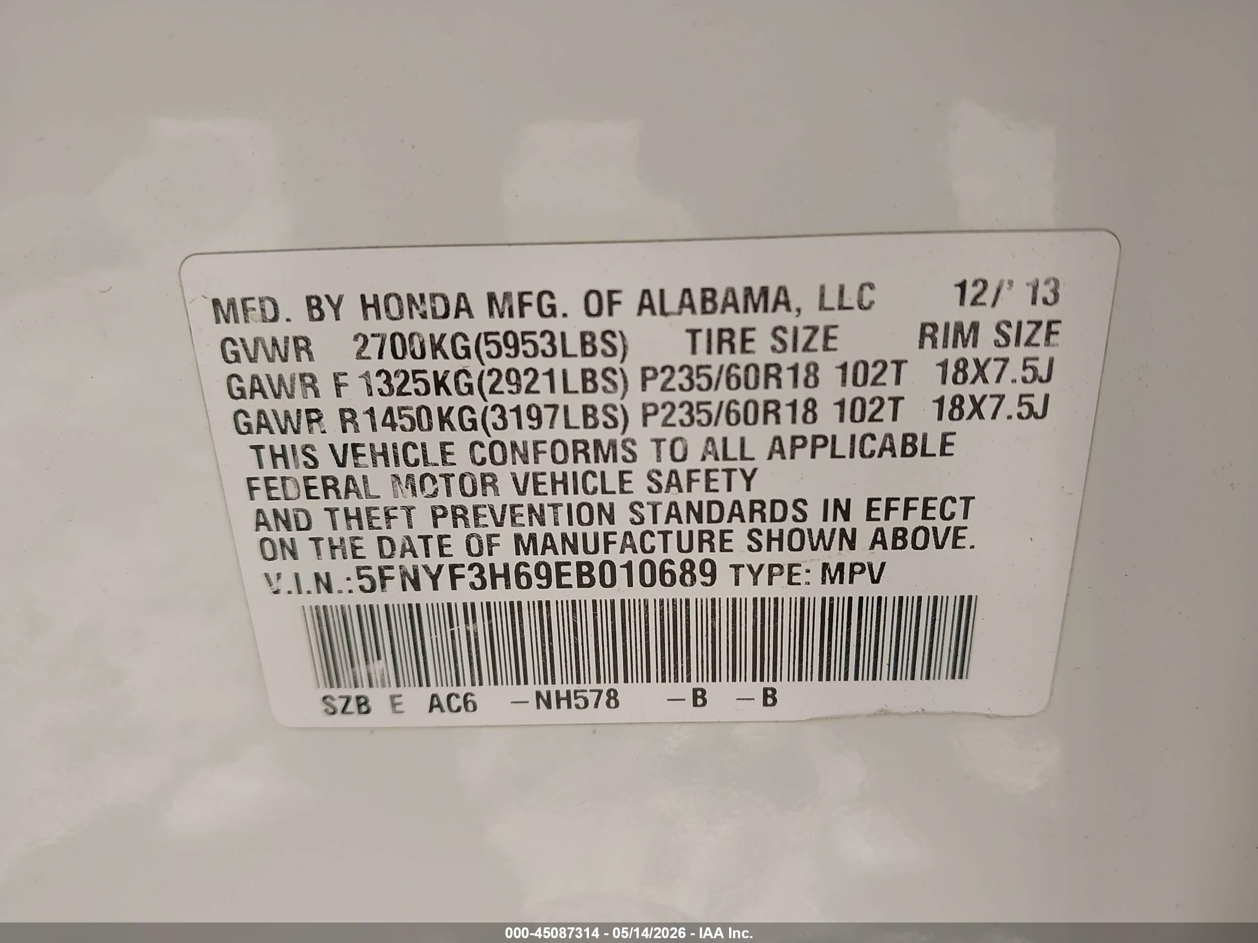 2014 Honda Pilot Ex-l Белый vin: 5FNYF3H69EB010689