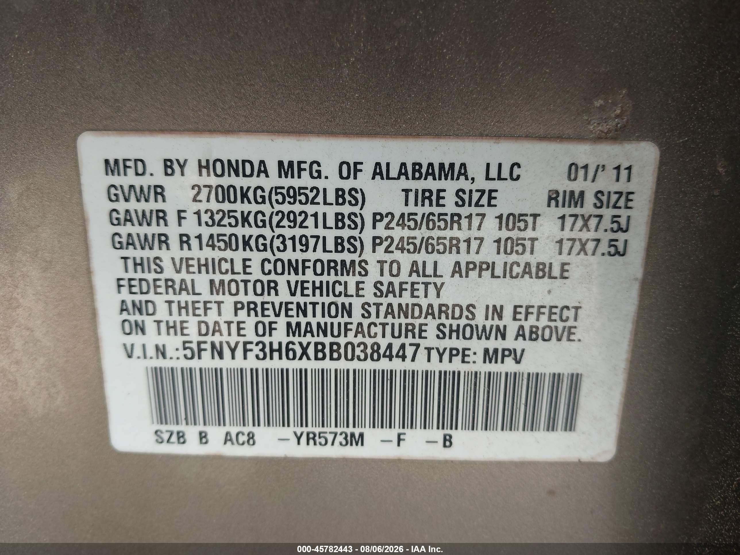 2011 Honda Pilot Ex-l Beige vin: 5FNYF3H6XBB038447