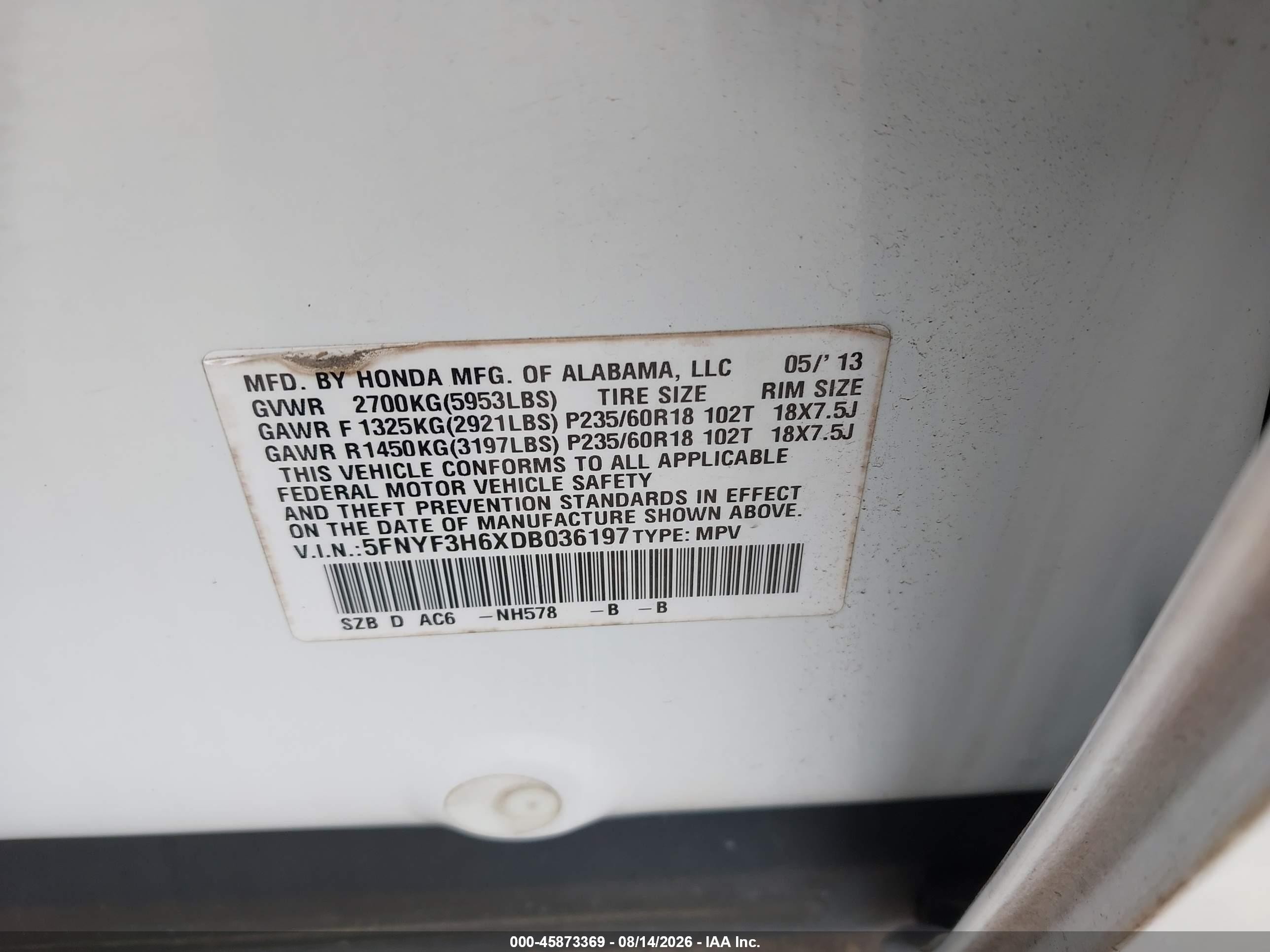 2013 Honda Pilot Ex-l White vin: 5FNYF3H6XDB036197