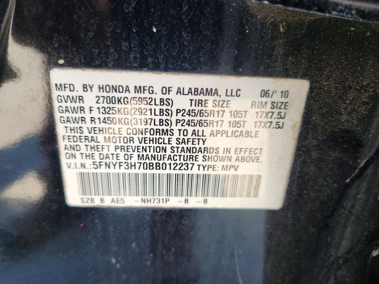 2011 Honda Pilot Exln Black vin: 5FNYF3H70BB012237