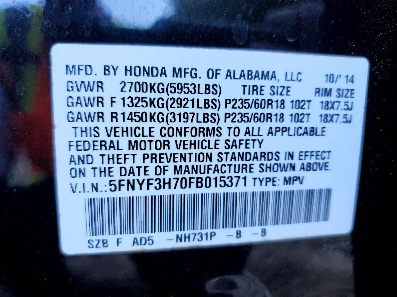 2015 Honda Pilot Exln Black vin: 5FNYF3H70FB015371