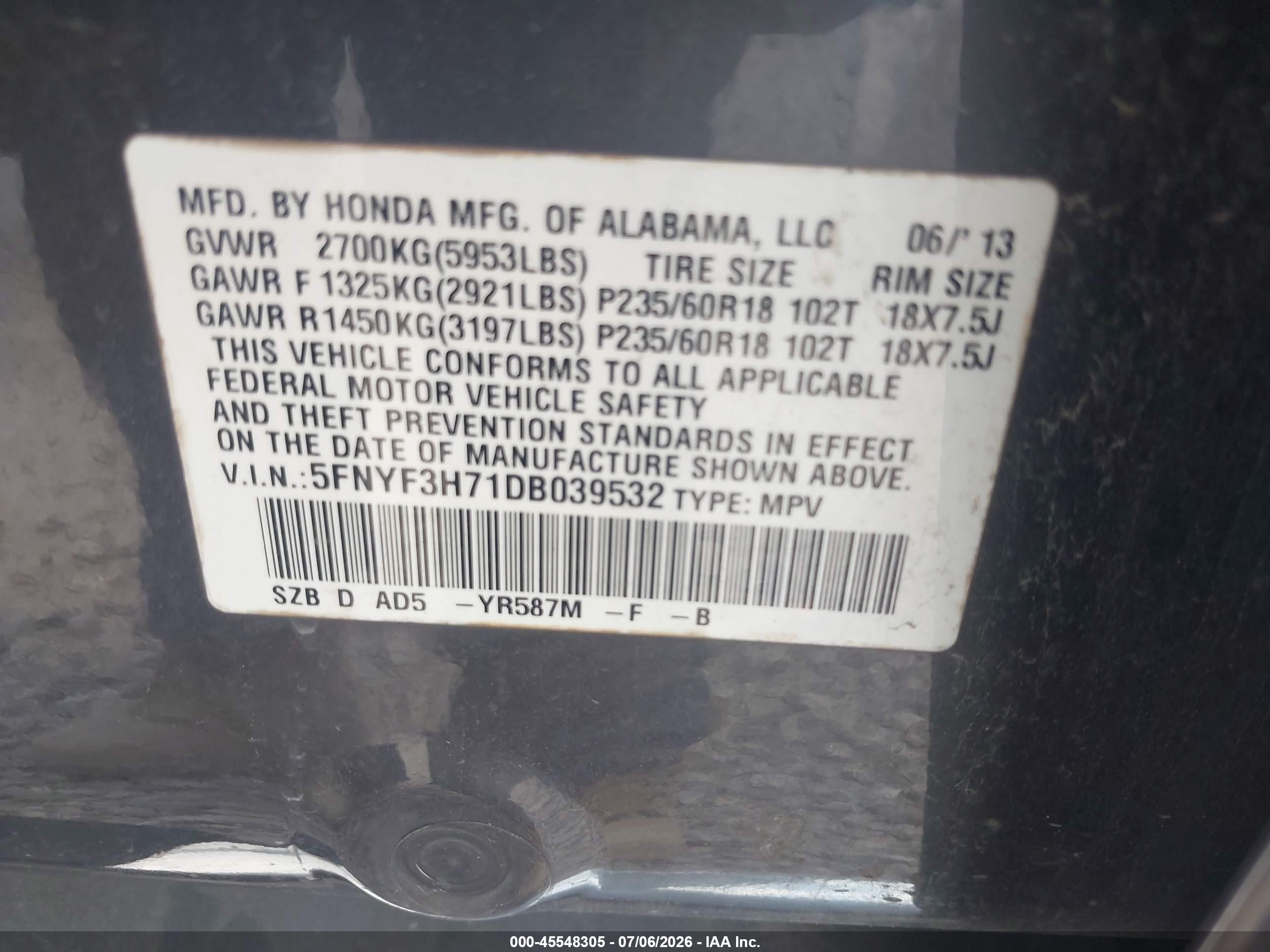 2013 Honda Pilot Ex-l Brown vin: 5FNYF3H71DB039532