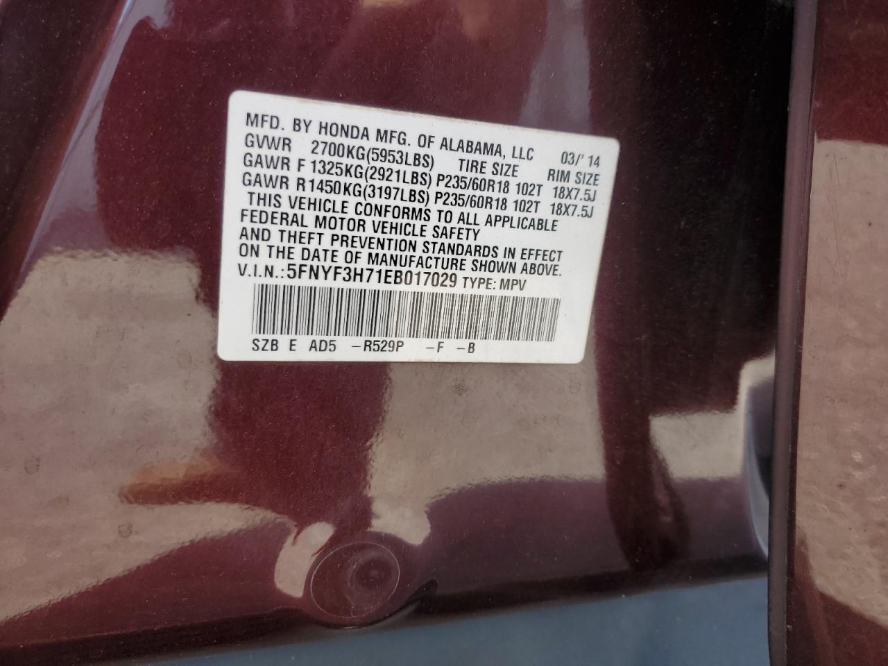 2014 Honda Pilot Exln Burgundy vin: 5FNYF3H71EB017029