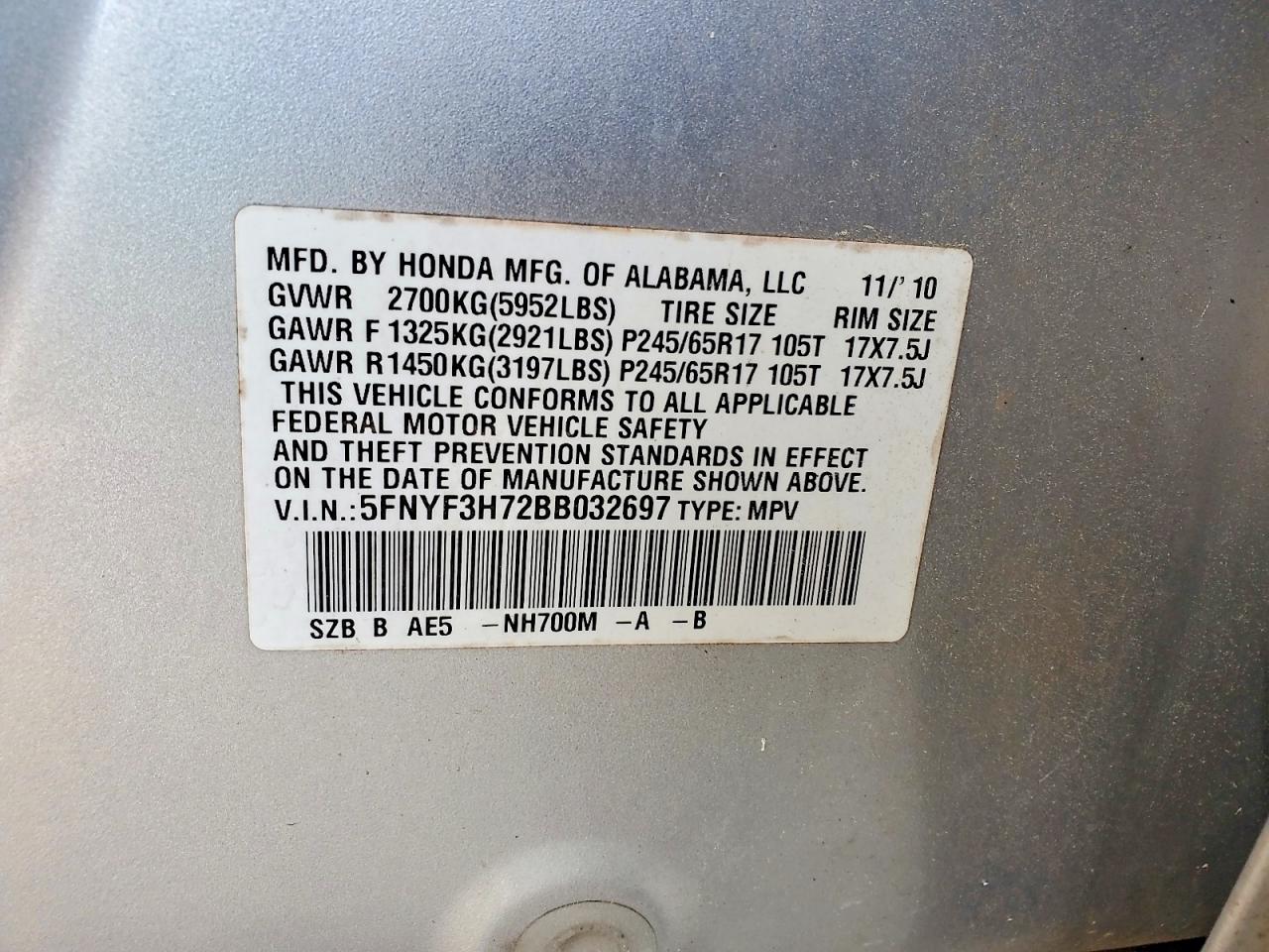 2011 Honda Pilot Exln Silver vin: 5FNYF3H72BB032697