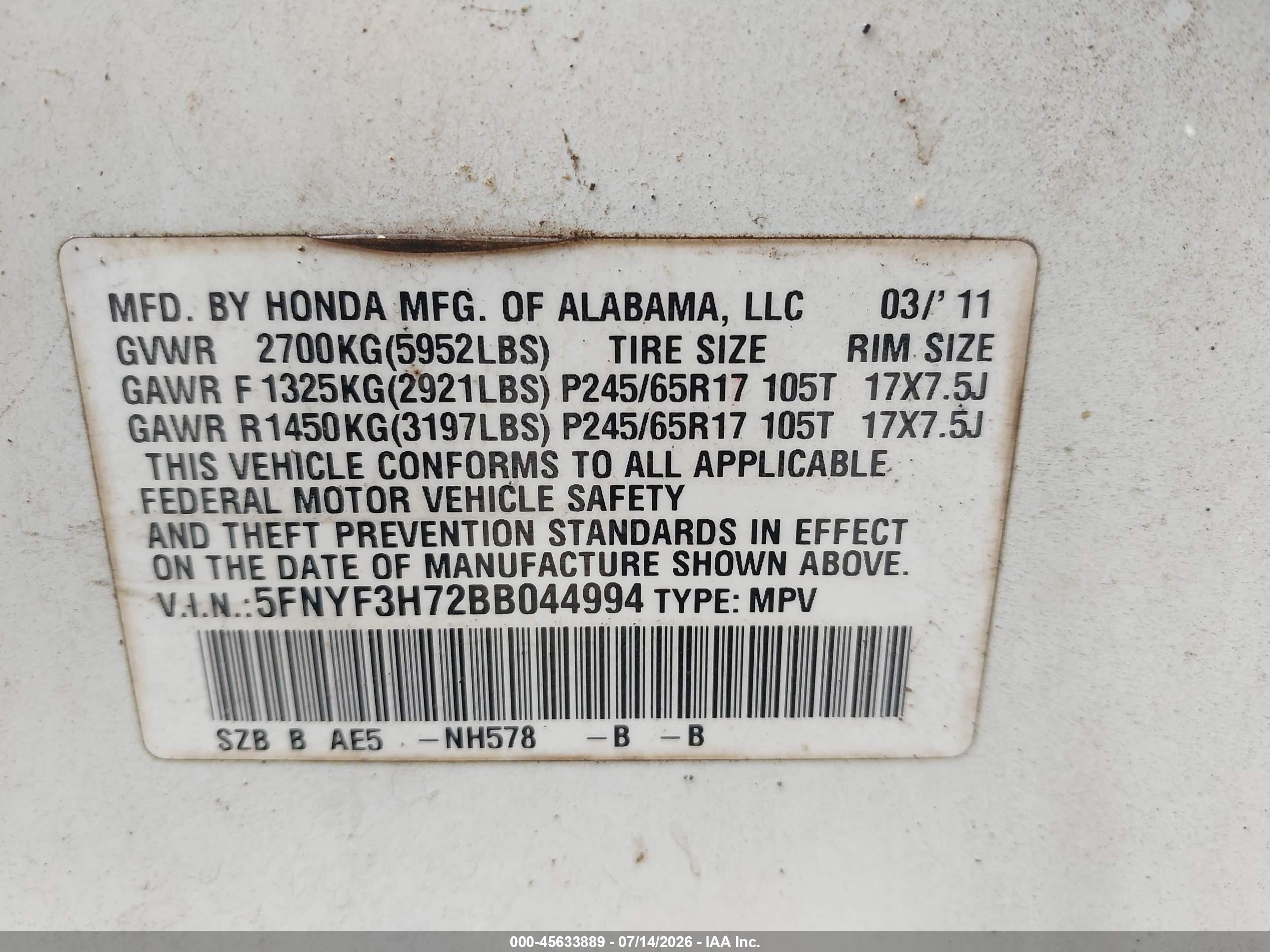 2011 Honda Pilot Ex-l White vin: 5FNYF3H72BB044994