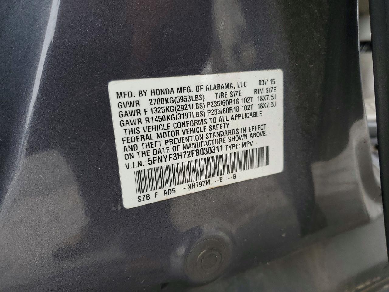 2015 Honda Pilot Exln Silver vin: 5FNYF3H72FB030311