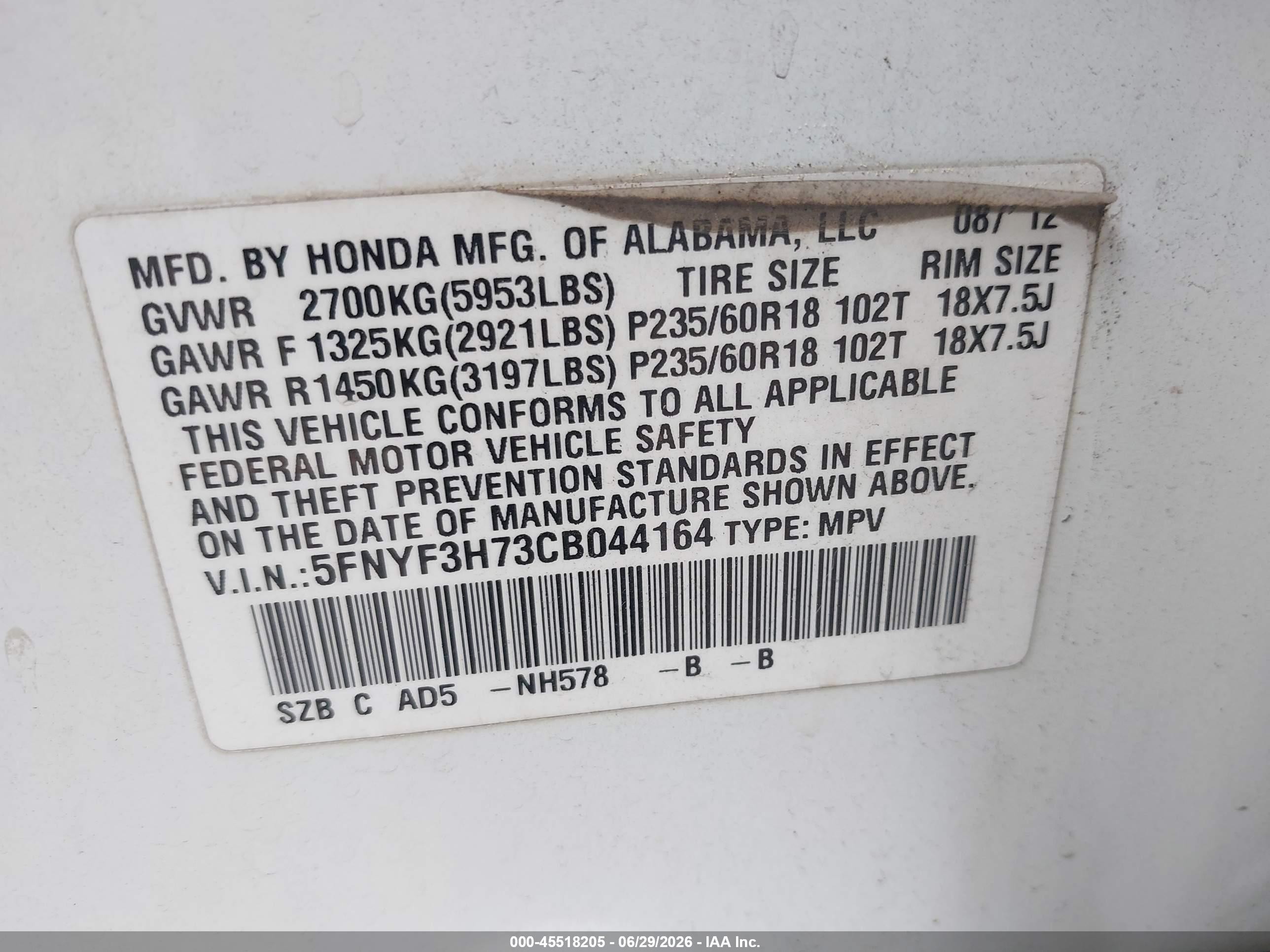 2012 Honda Pilot Ex-l White vin: 5FNYF3H73CB044164