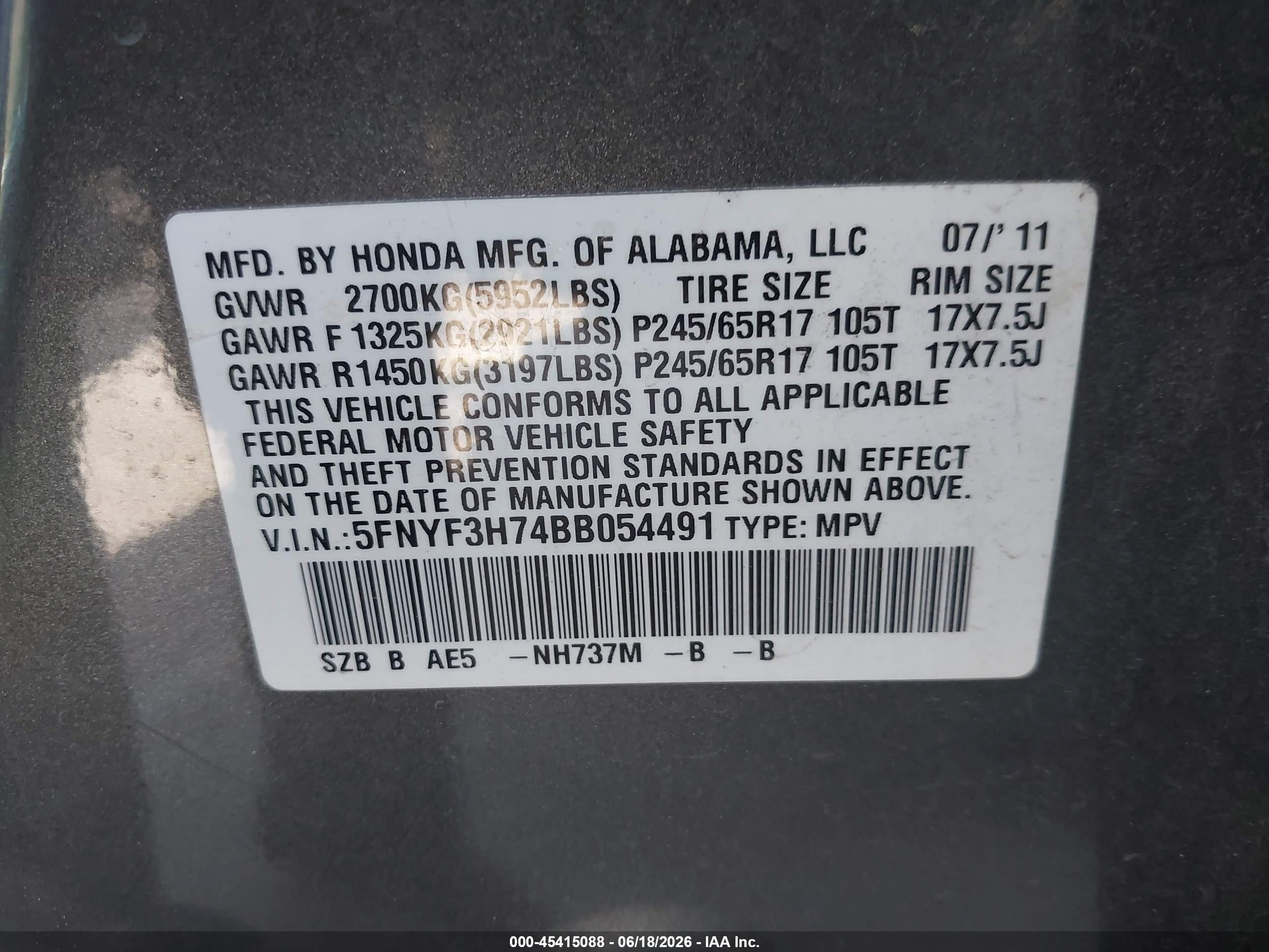 2011 Honda Pilot Ex-l Gray vin: 5FNYF3H74BB054491
