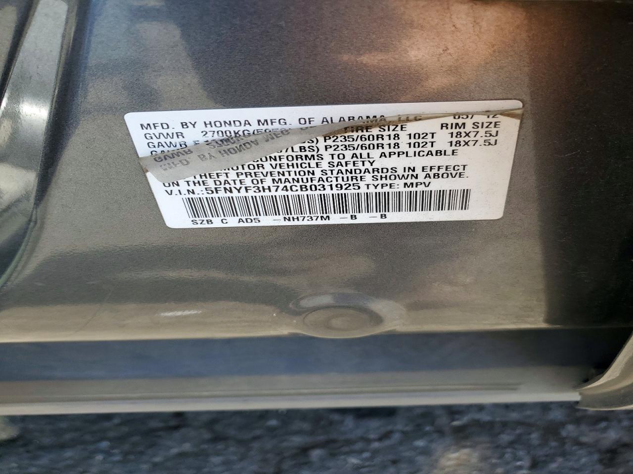 2012 Honda Pilot Exln Gray vin: 5FNYF3H74CB031925