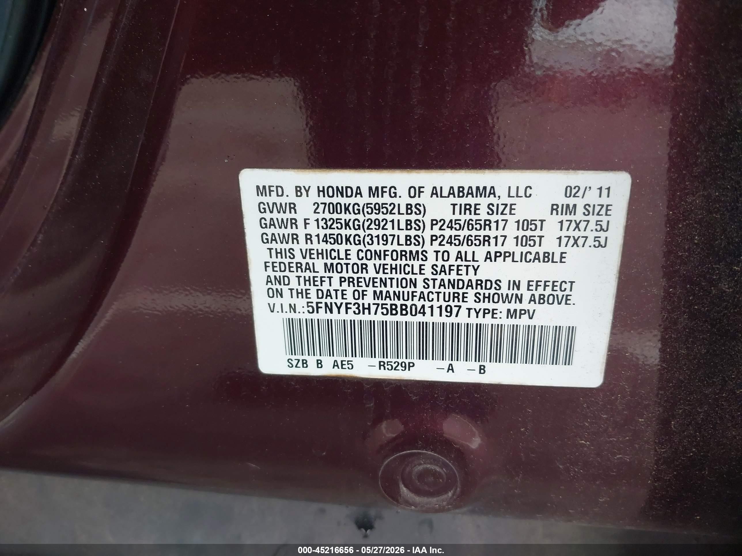 2011 Honda Pilot Ex-l Maroon vin: 5FNYF3H75BB041197