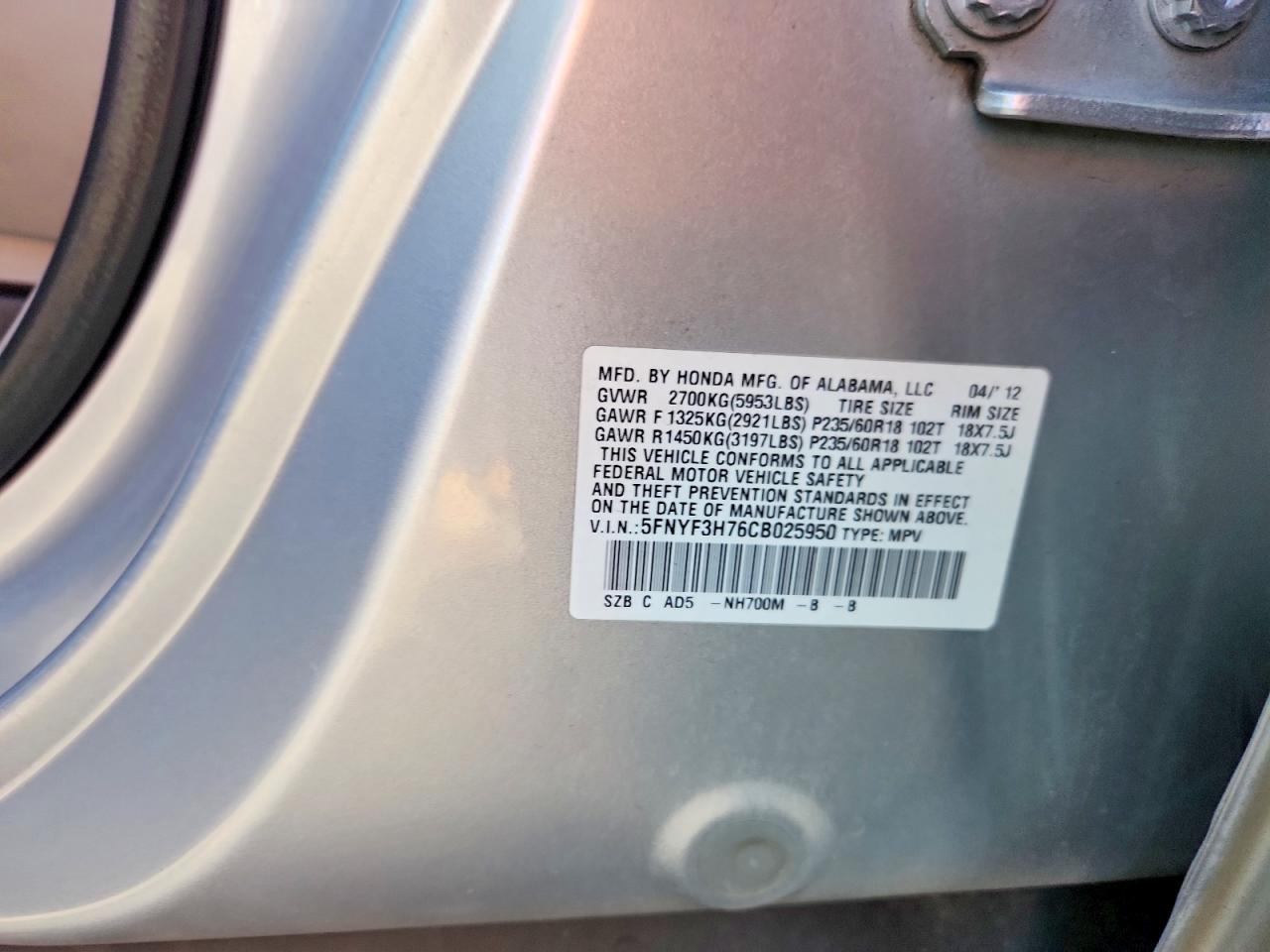 2012 Honda Pilot Exln Silver vin: 5FNYF3H76CB025950