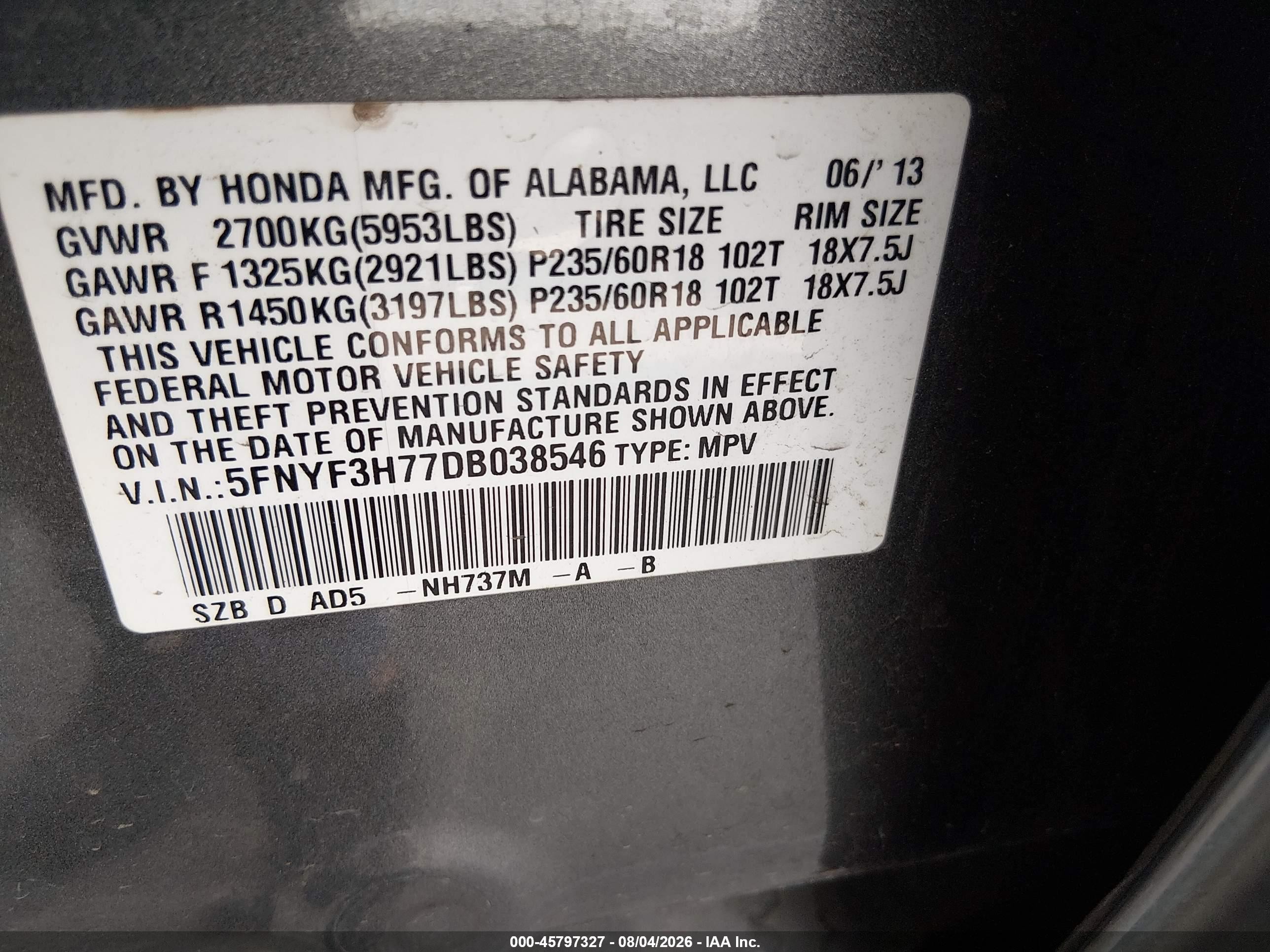 2013 Honda Pilot Ex-l Gray vin: 5FNYF3H77DB038546