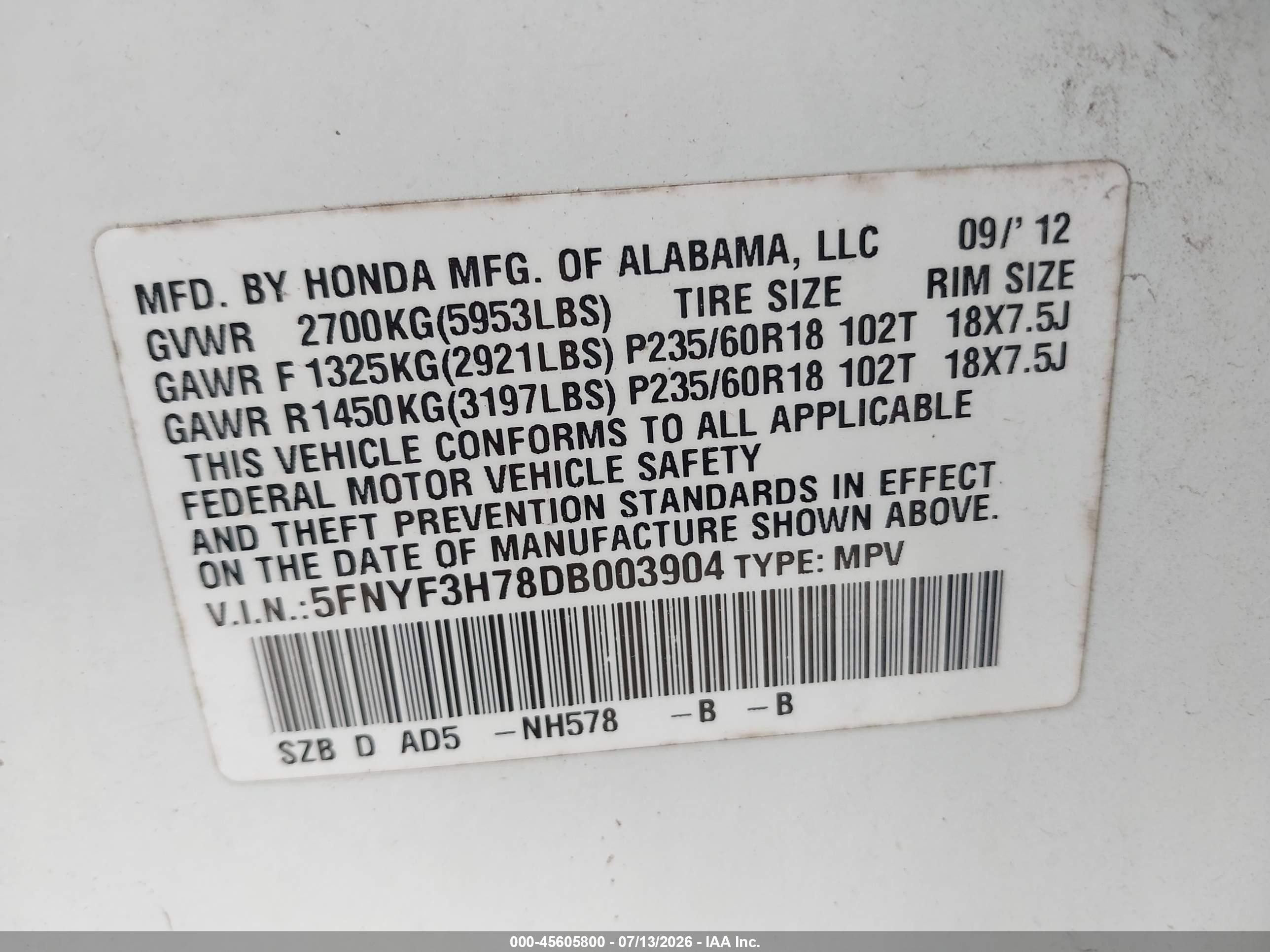 2013 Honda Pilot Ex-l Белый vin: 5FNYF3H78DB003904