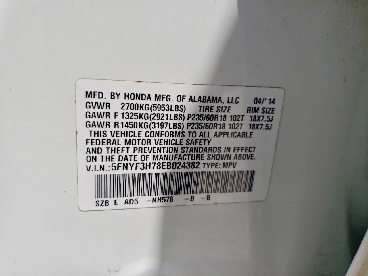 2014 Honda Pilot 4d 2wd Exln Белый vin: 5FNYF3H78EB024382