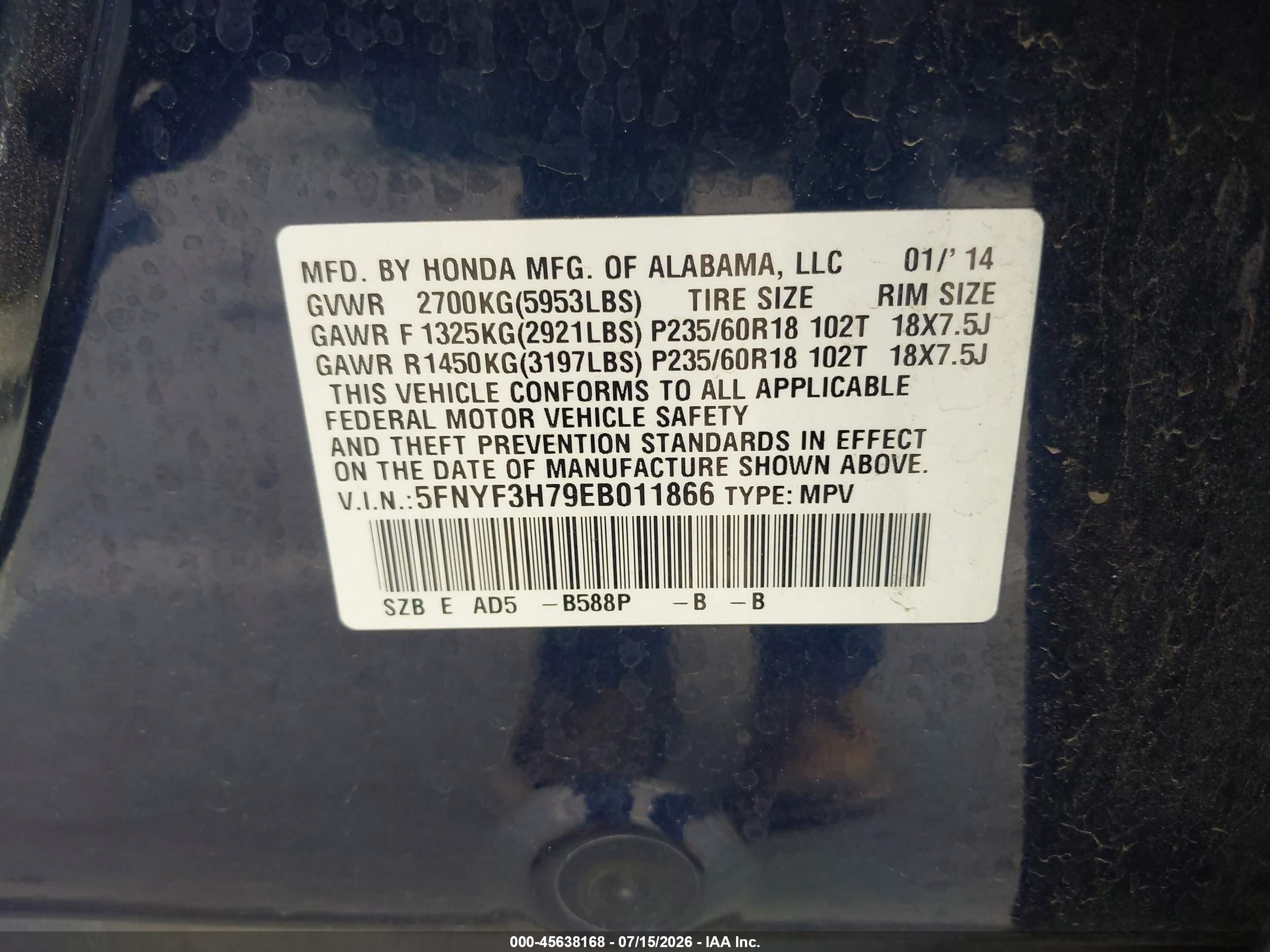 2014 Honda Pilot Ex-l Blue vin: 5FNYF3H79EB011866